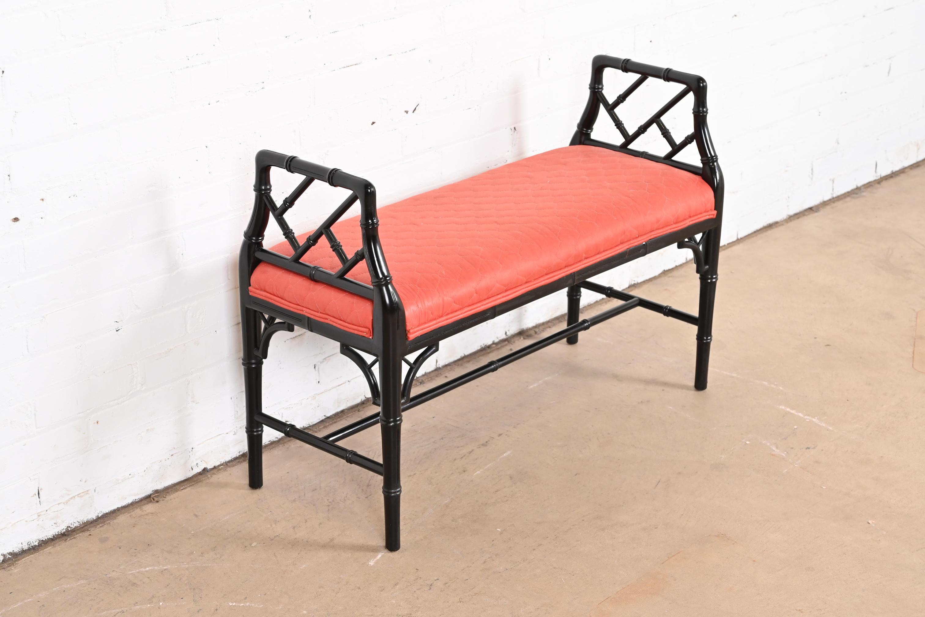 Mid-Century Modern Century Furniture Hollywood Regency Faux Bamboo Black Lacquered Bench