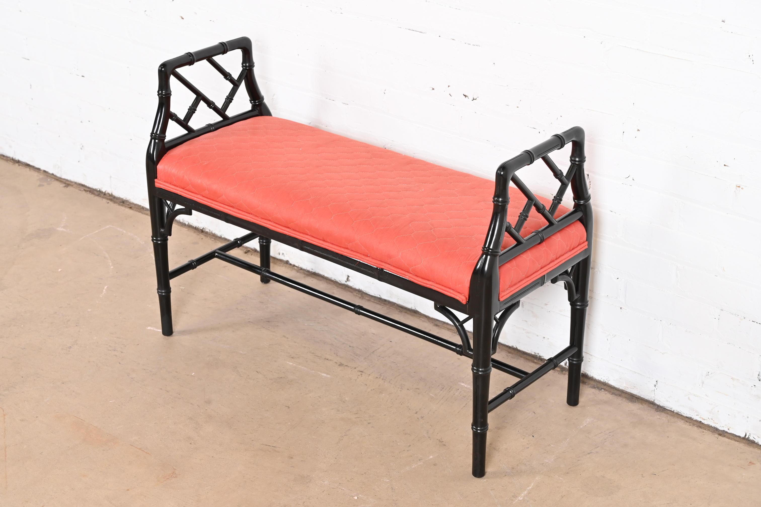 Century Furniture Hollywood Regency Faux Bamboo Black Lacquered Bench In Good Condition In South Bend, IN