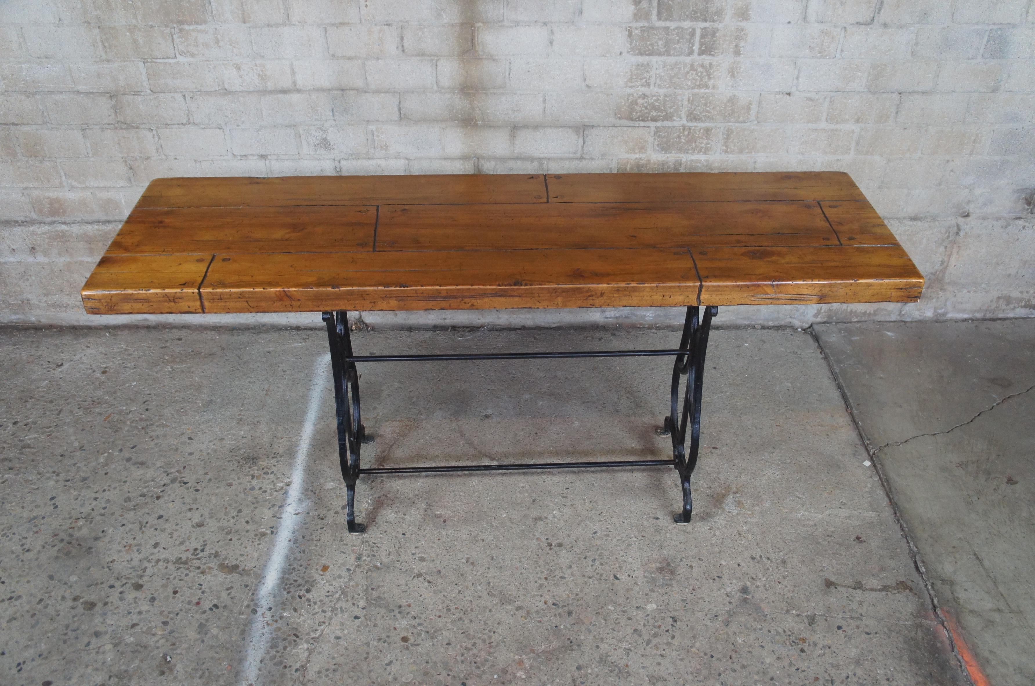 20th Century Century Furniture Industrial Iron & Pine Plank Top Console Hall Sofa Table For Sale
