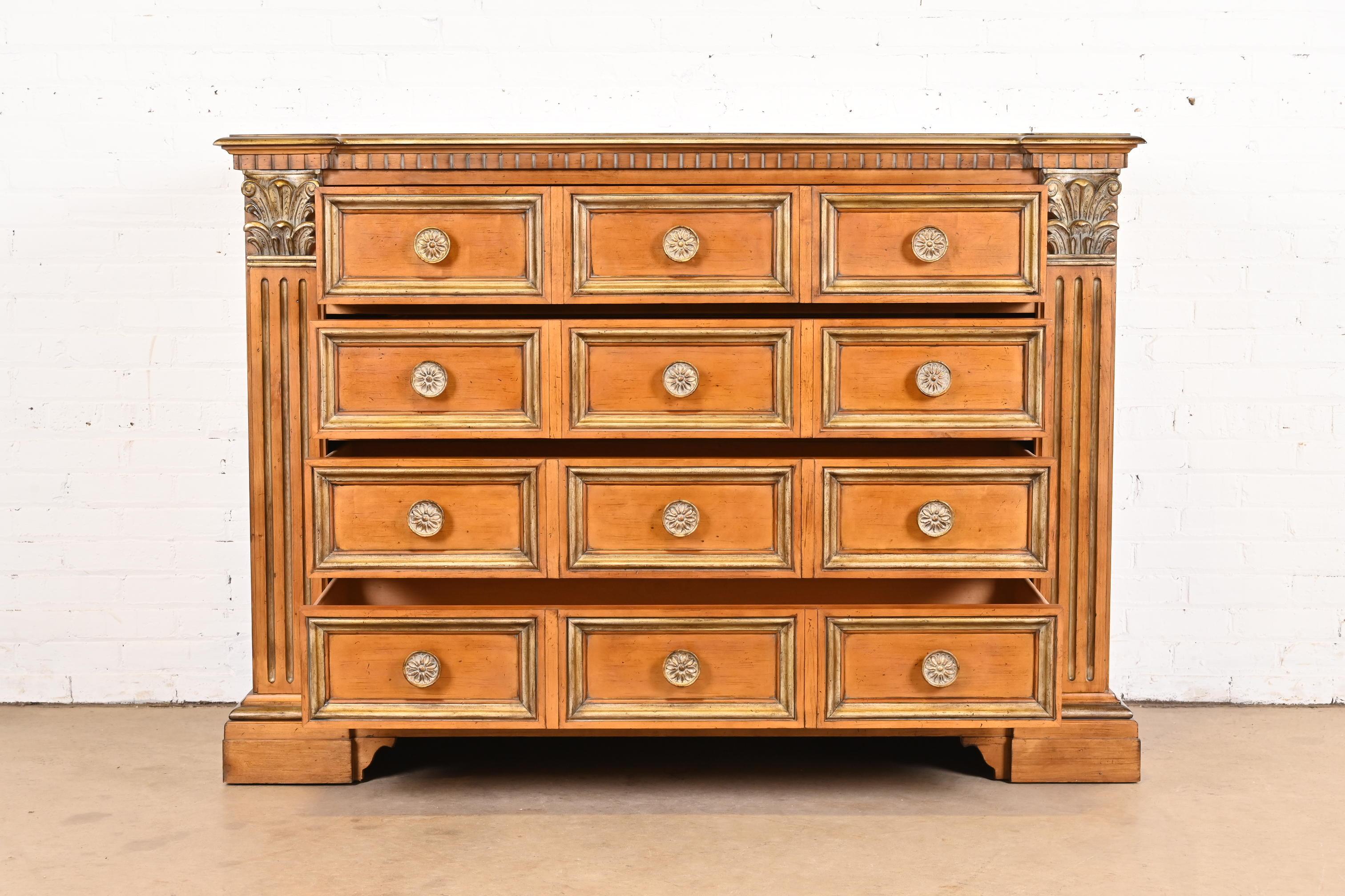 20th Century Century Furniture Italian Neoclassical Maple and Parcel Gilt Dresser Chest For Sale