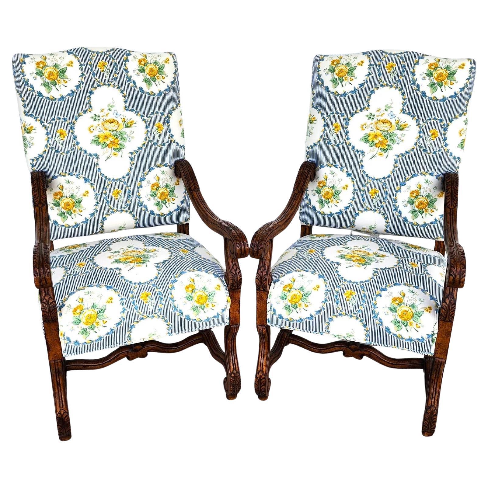 CENTURY FURNITURE Louis XIII Os de Mouton Armchairs a Pair