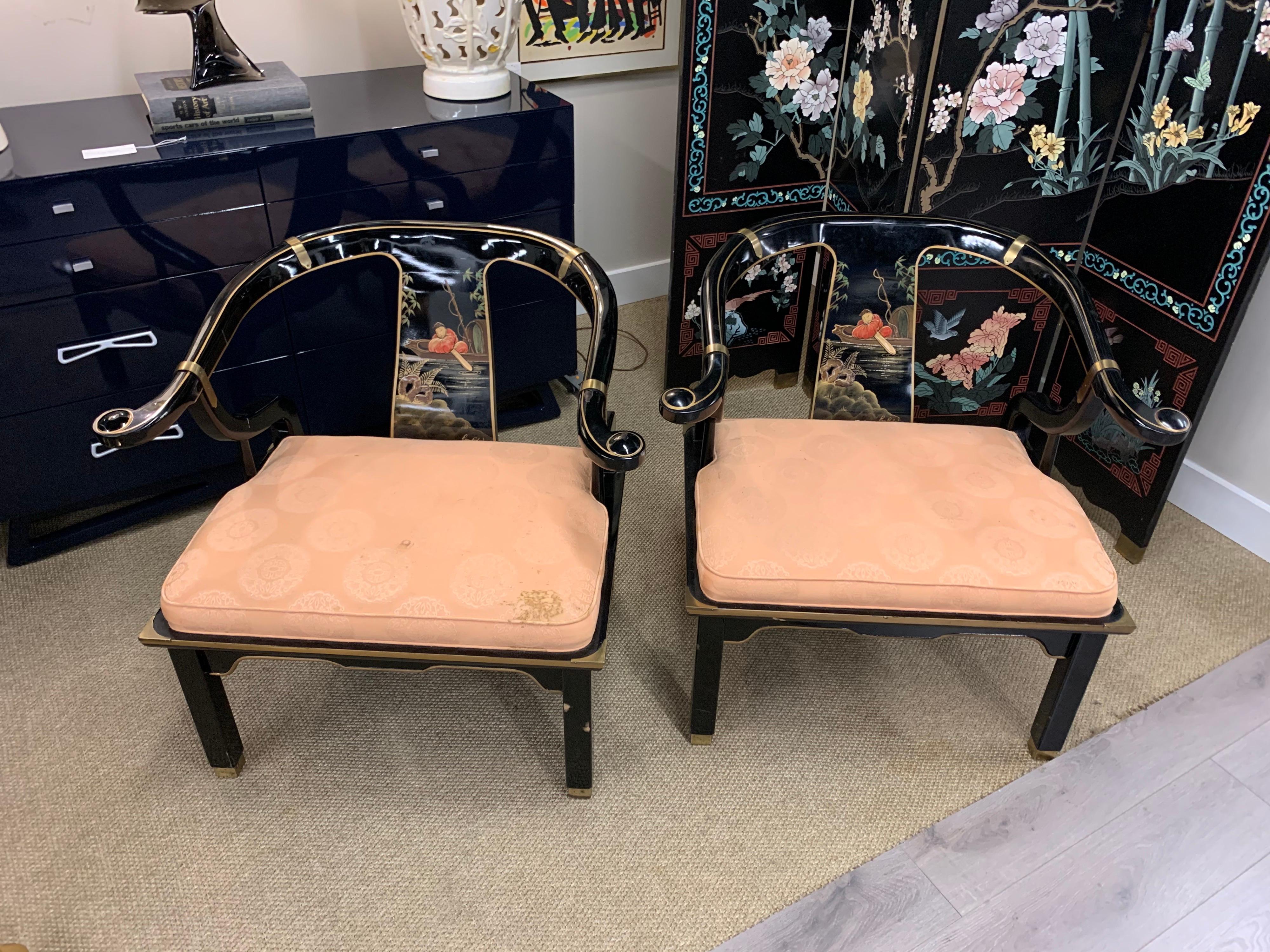 Magnificent matching pair of James Mont style chairs by Century Furniture. Black lacquer throughout. Now, more than ever, home is where the heart is.