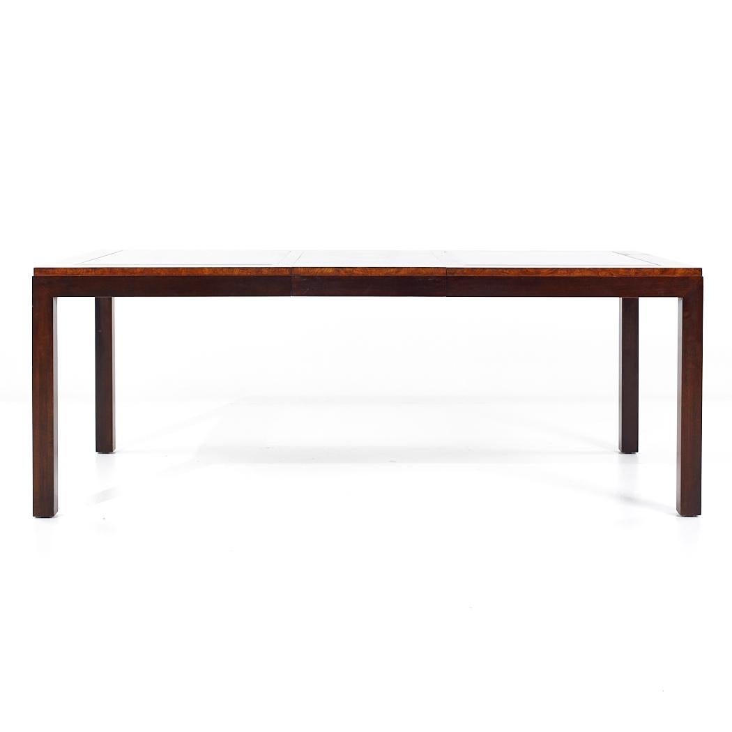 Century Furniture MCM Burlwood and Glass Expanding Dining Table 2 Leaves For Sale 1