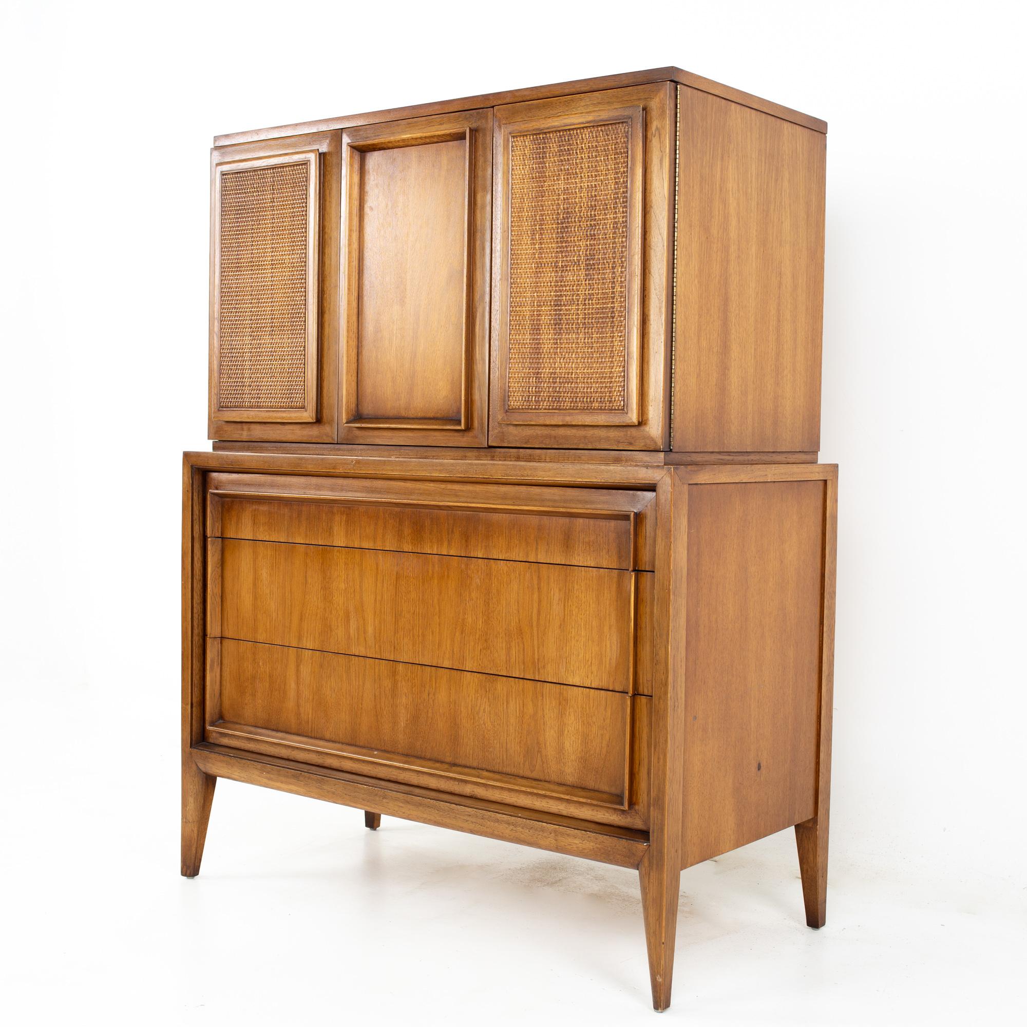 Century Furniture mid century walnut and cane highboy dresser armoire gentleman's chest
Gentleman's chest measures: 40 wide x 20 deep x 52.5 inches high

All pieces of furniture can be had in what we call restored vintage condition. That means