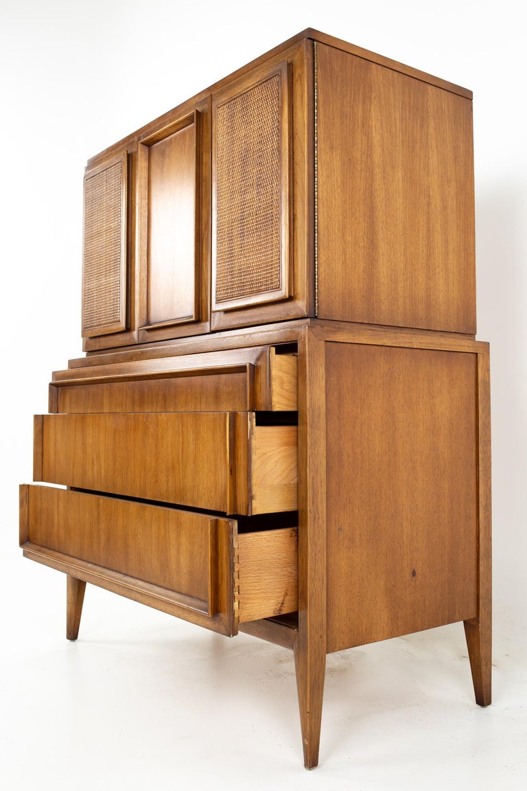 Century Furniture MCM Walnut and Cane Highboy Dresser Armoire Gentleman