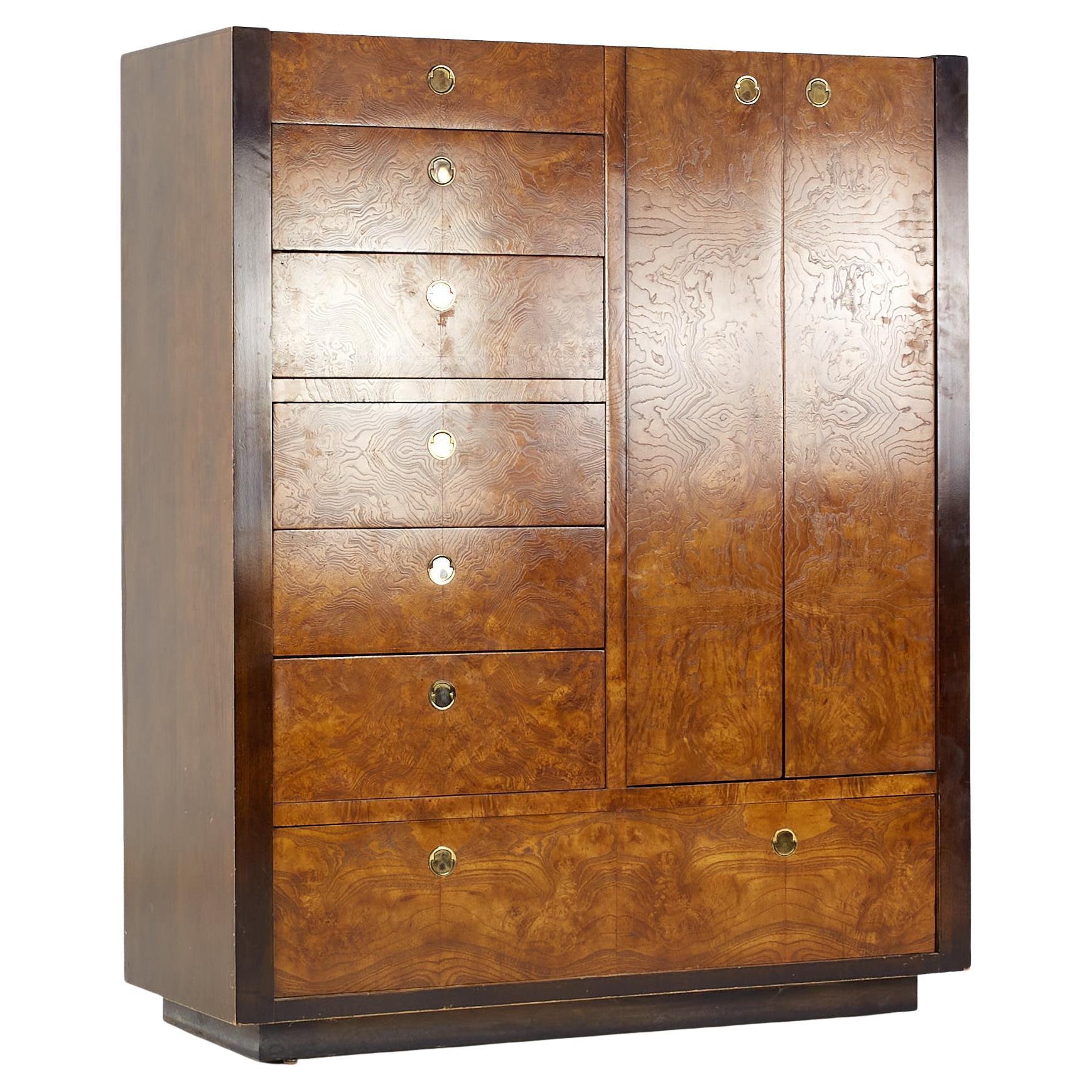Century Furniture Mid Century Burlwood and Brass Armiore Highboy For Sale