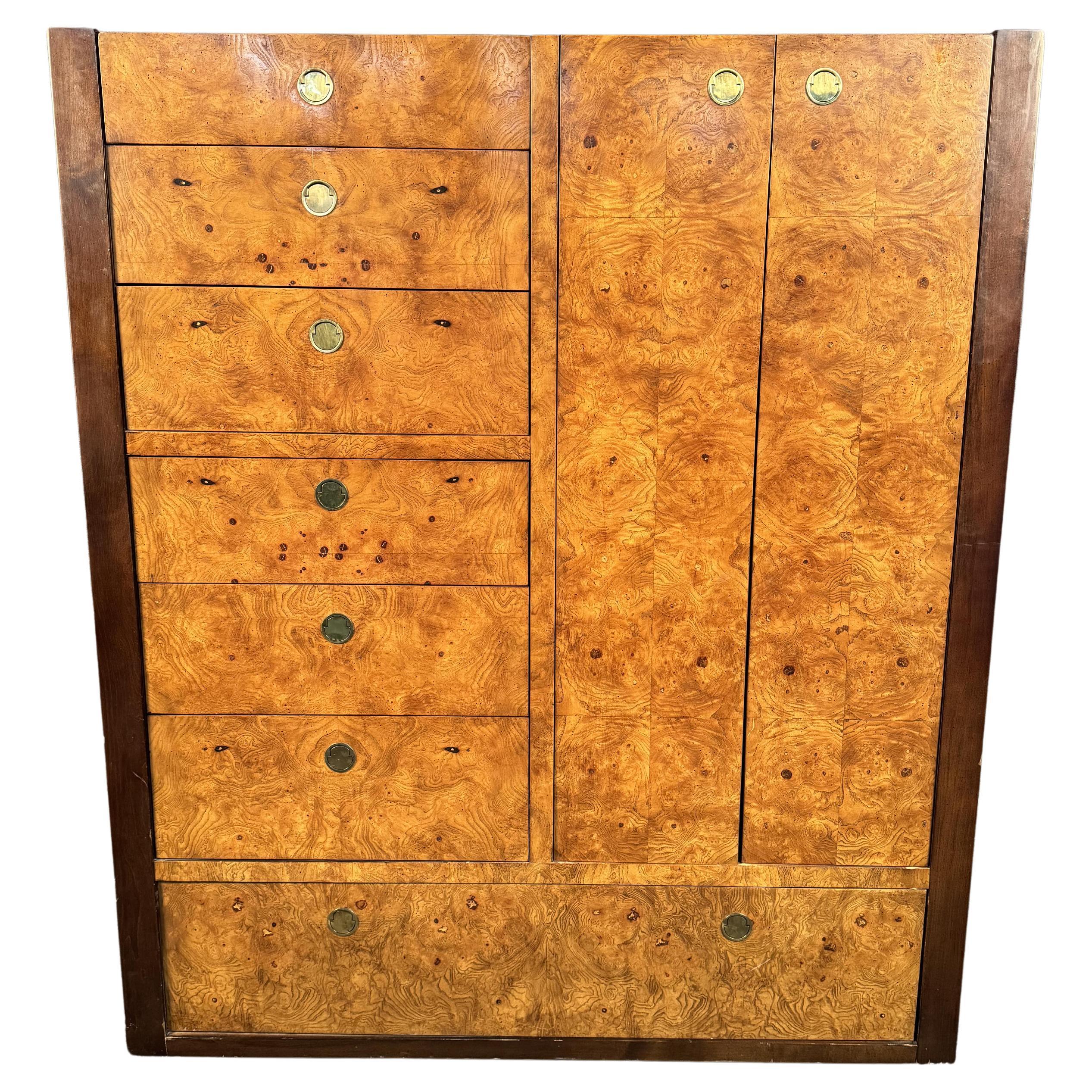 Beautiful Mid Century Highboy by Century Furniture. Featuring burlwood, brass handles, 7 drawers and large cabinet for storage. Please confirm location with seller (NY or NJ)