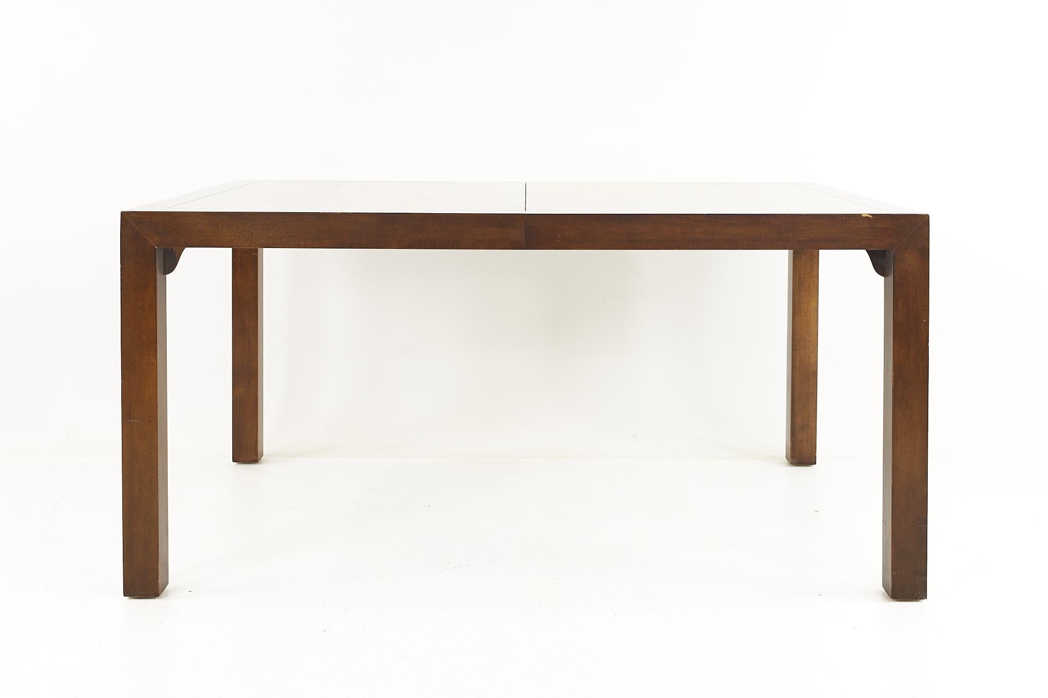 Century Furniture mid-century burlwood dining table

The table measures: 60 wide x 40 deep x 29.25 high, with a chair clearance of 26.25 inches; each leaf is 18 inches wide, making a maximum table width of 96 inches when both leaves are