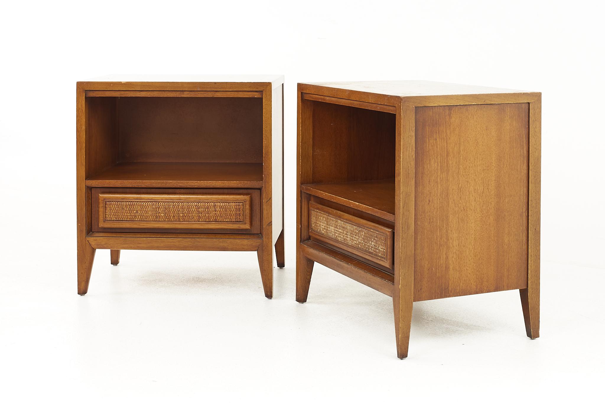 Mid-Century Modern Century Furniture Mid Century Walnut and Cane Front Nightstands, a Pair