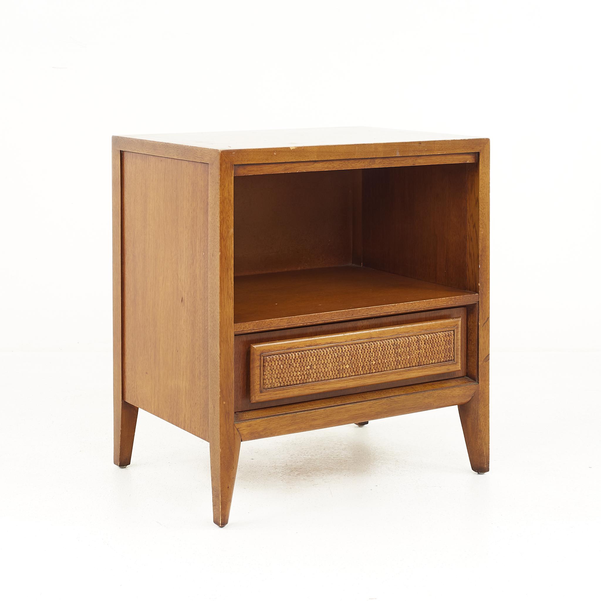 American Century Furniture Mid Century Walnut and Cane Front Nightstands, a Pair