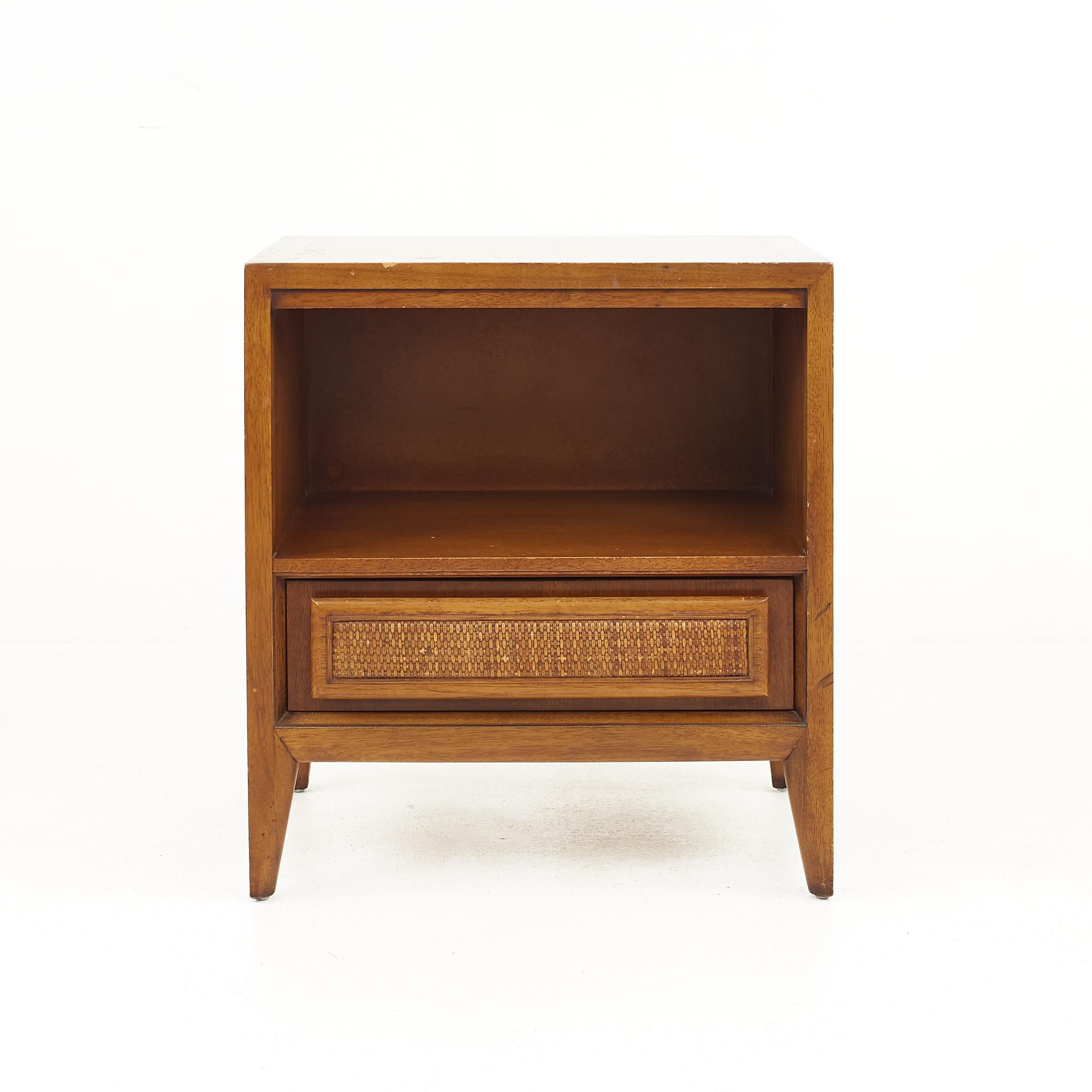 Century Furniture Mid Century Walnut and Cane Front Nightstands, a Pair In Good Condition In Countryside, IL