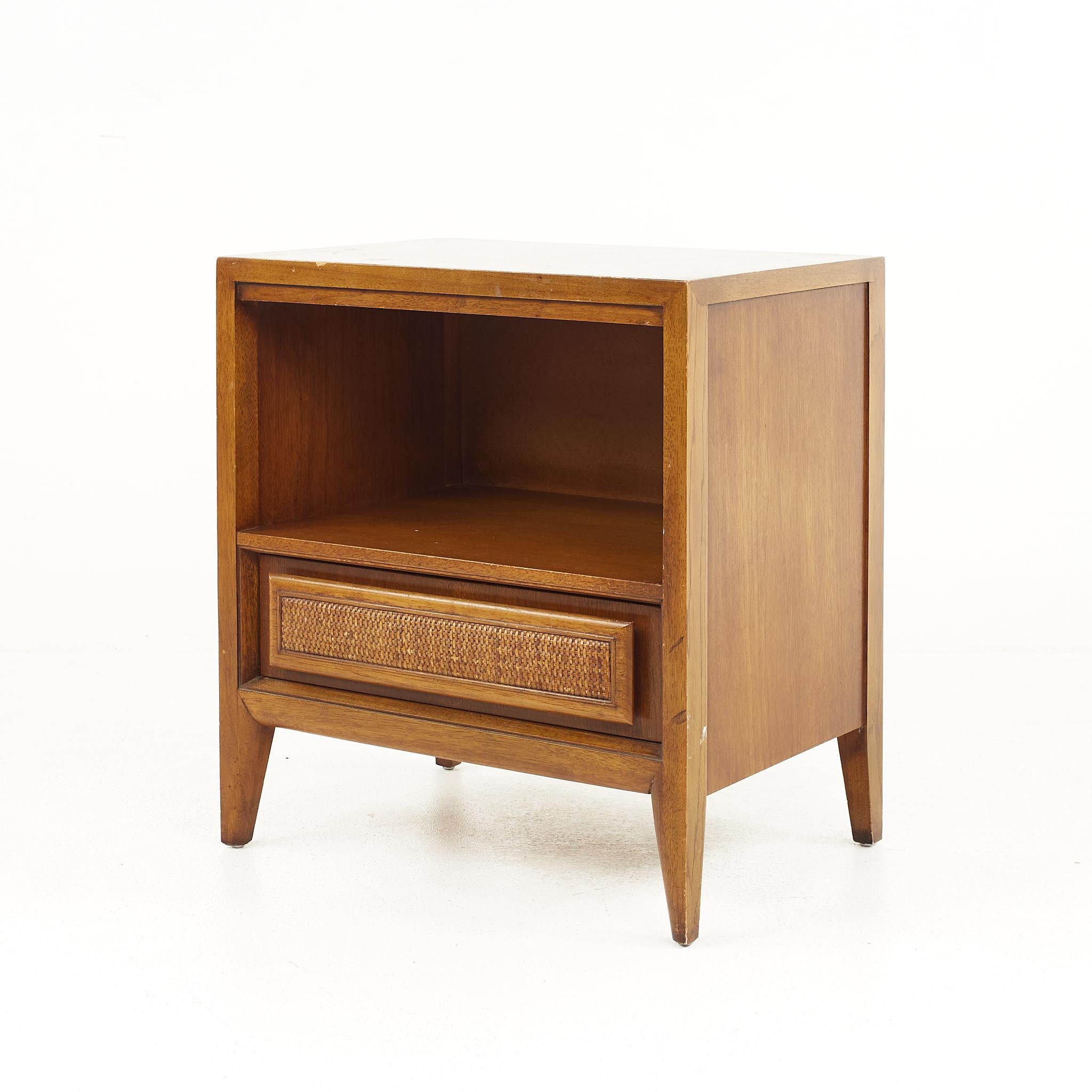 Late 20th Century Century Furniture Mid Century Walnut and Cane Front Nightstands, a Pair