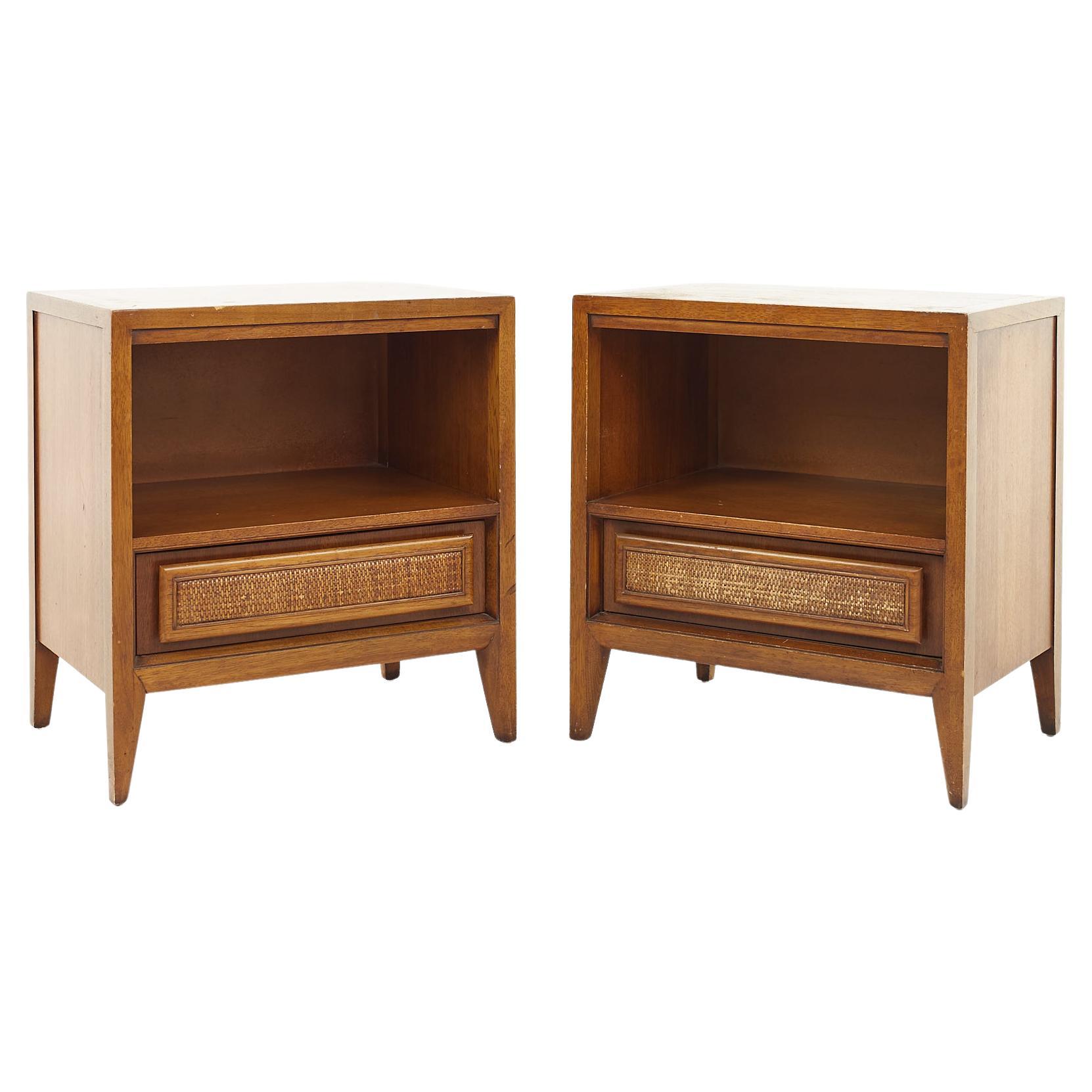 Century Furniture Mid Century Walnut and Cane Front Nightstands, a Pair