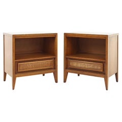 Century Furniture Mid Century Walnut and Cane Front Nightstands, a Pair