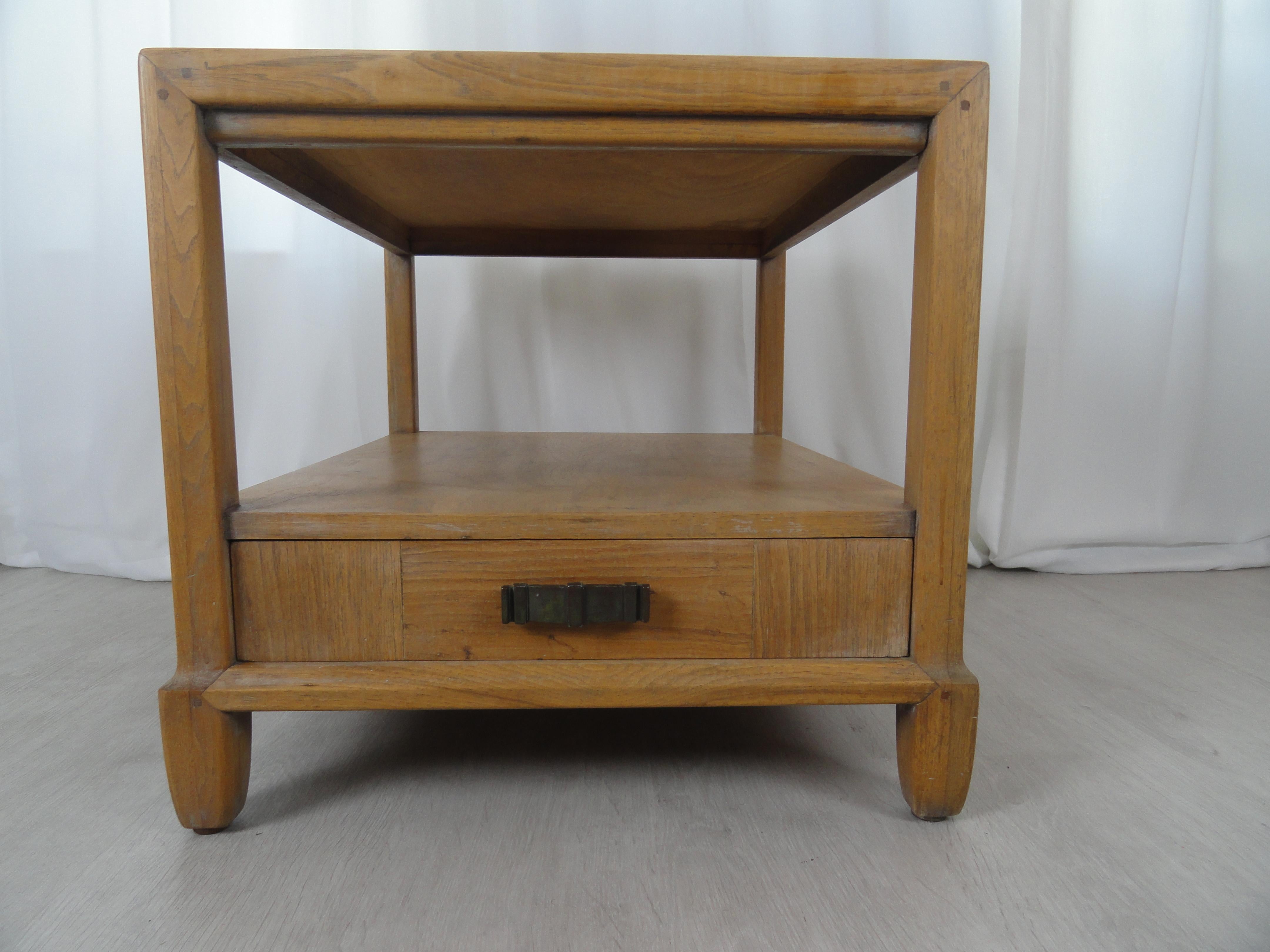 Century Furniture Ming style end table with inlaid top. Single drawer with original hardware.