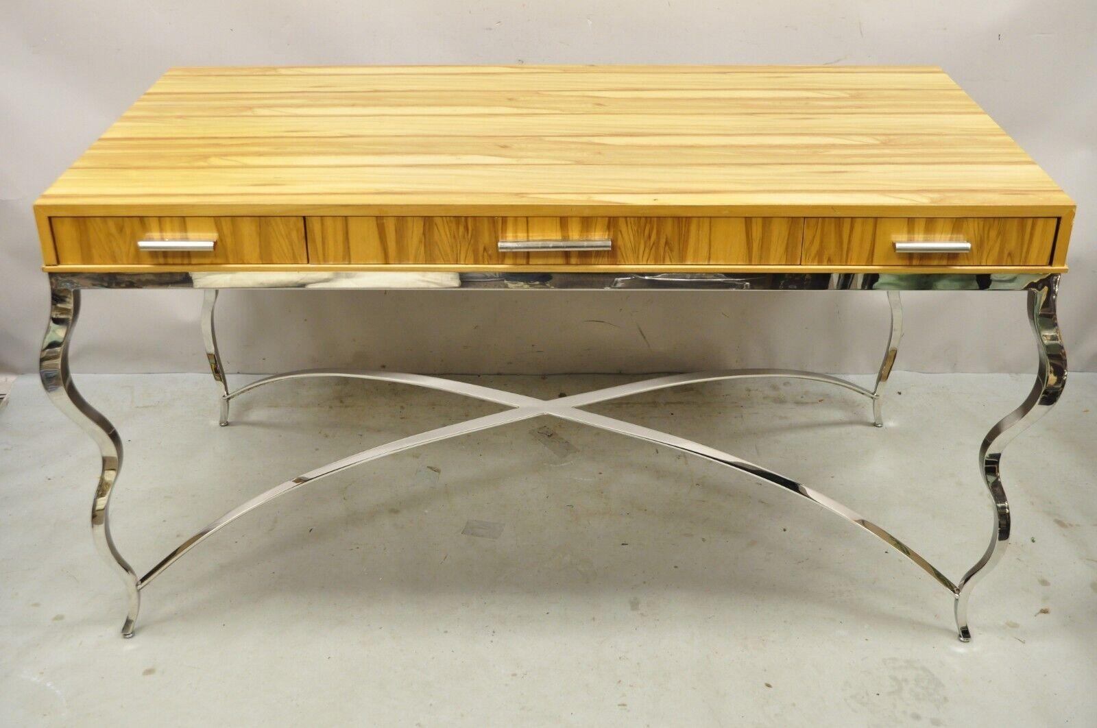Century Furniture Modern Chrome and Zebra Wood Metal Base Desk Table 849-761. Item features 3 drawers, original label, sculptural metal stretcher base, beautiful laminate wood grain, great style and form. Circa 21st Century. Measurements: 30.25