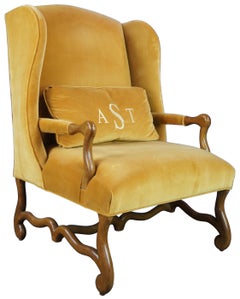 Century Furniture Old World Maple Suede Wingback Club Library Arm Chair Gold