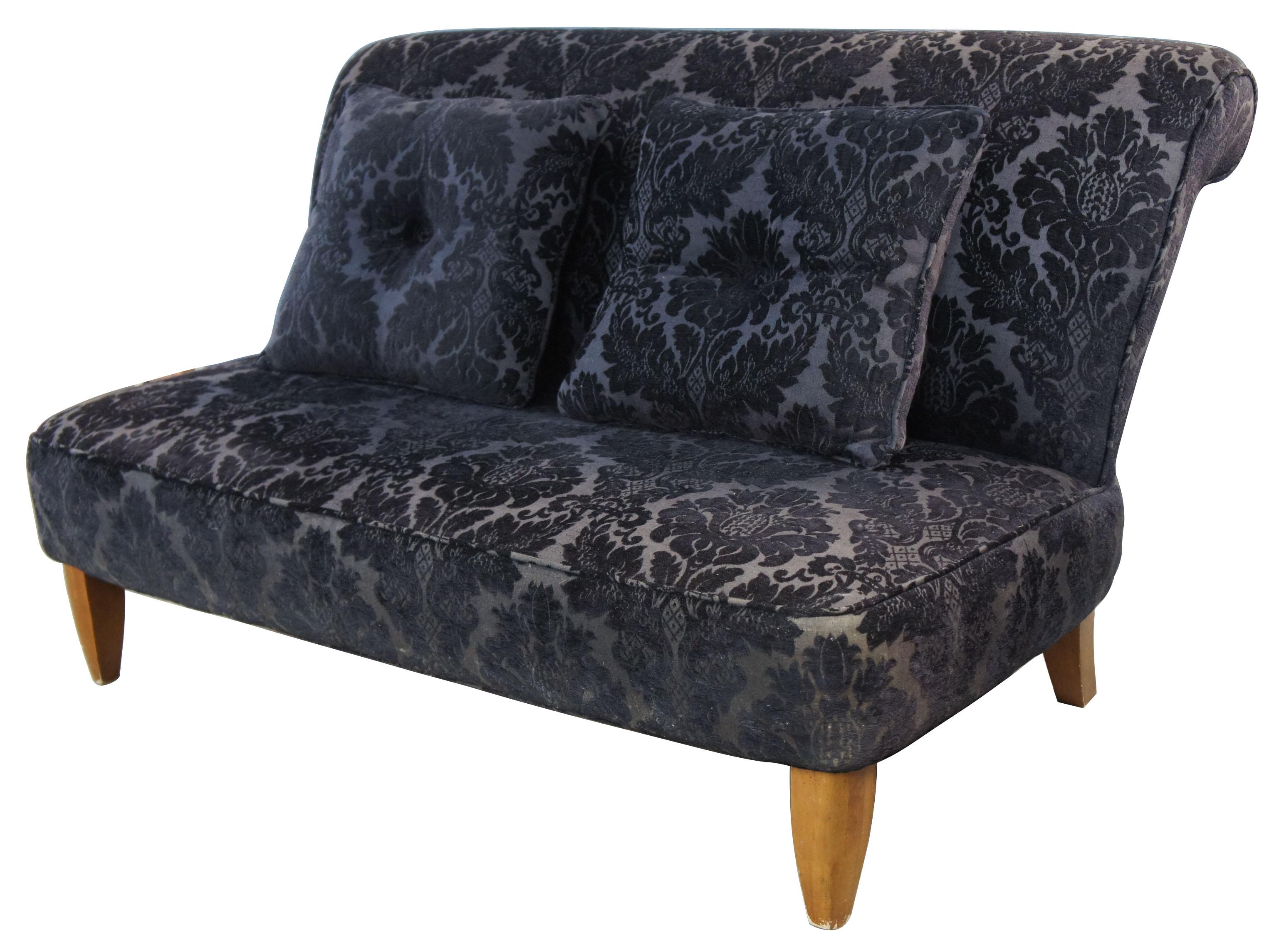 Century Furniture signature settee French inspired black flocked loveseat Elkins

Beautifully upholstered in a flocked floral fabric. This settee was the signature model before the current Elkins Tufted Settee 44-1005.