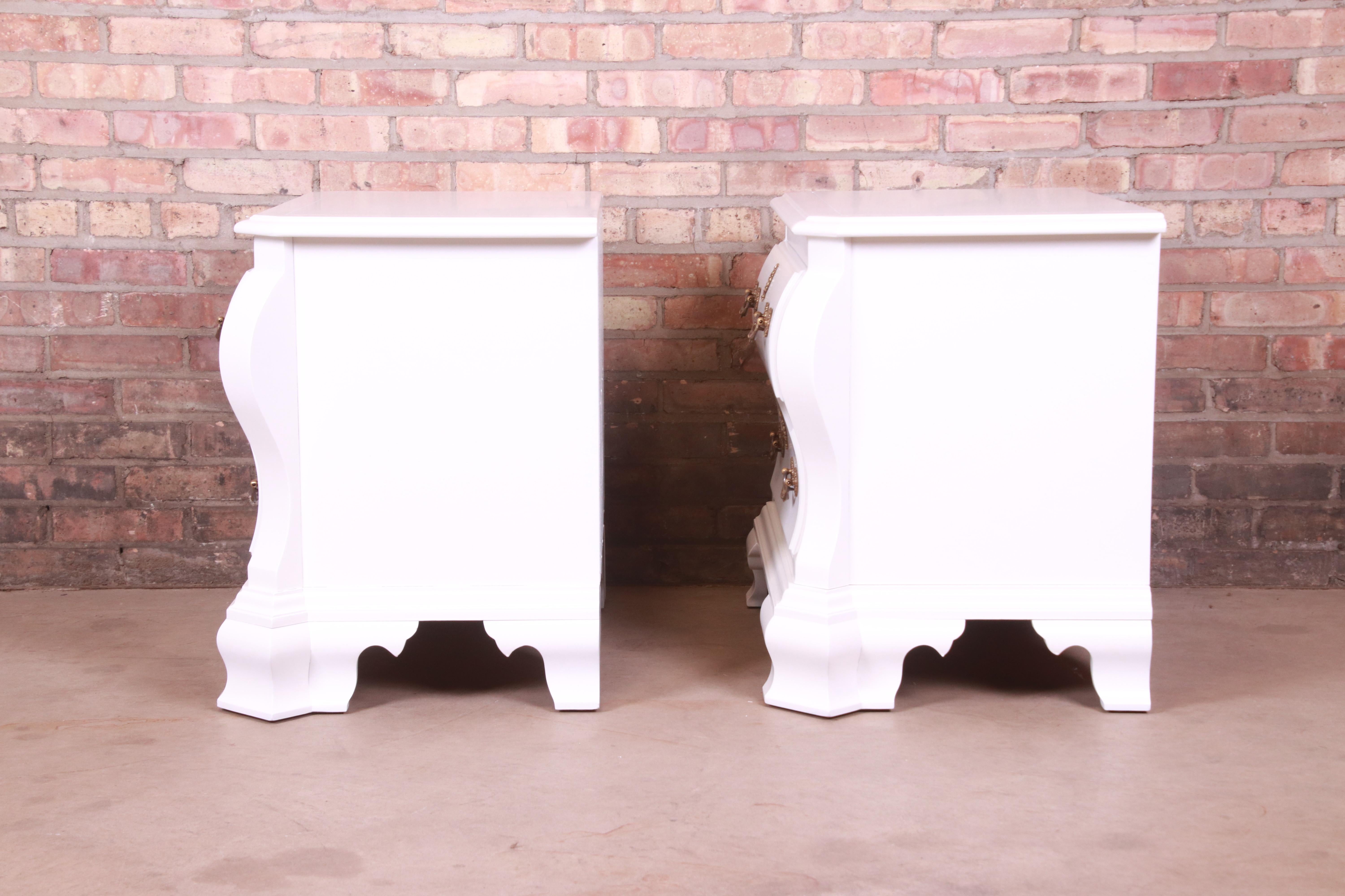 Century Furniture White Lacquered Bombe Form Bedside Chests, Newly Refinished For Sale 10