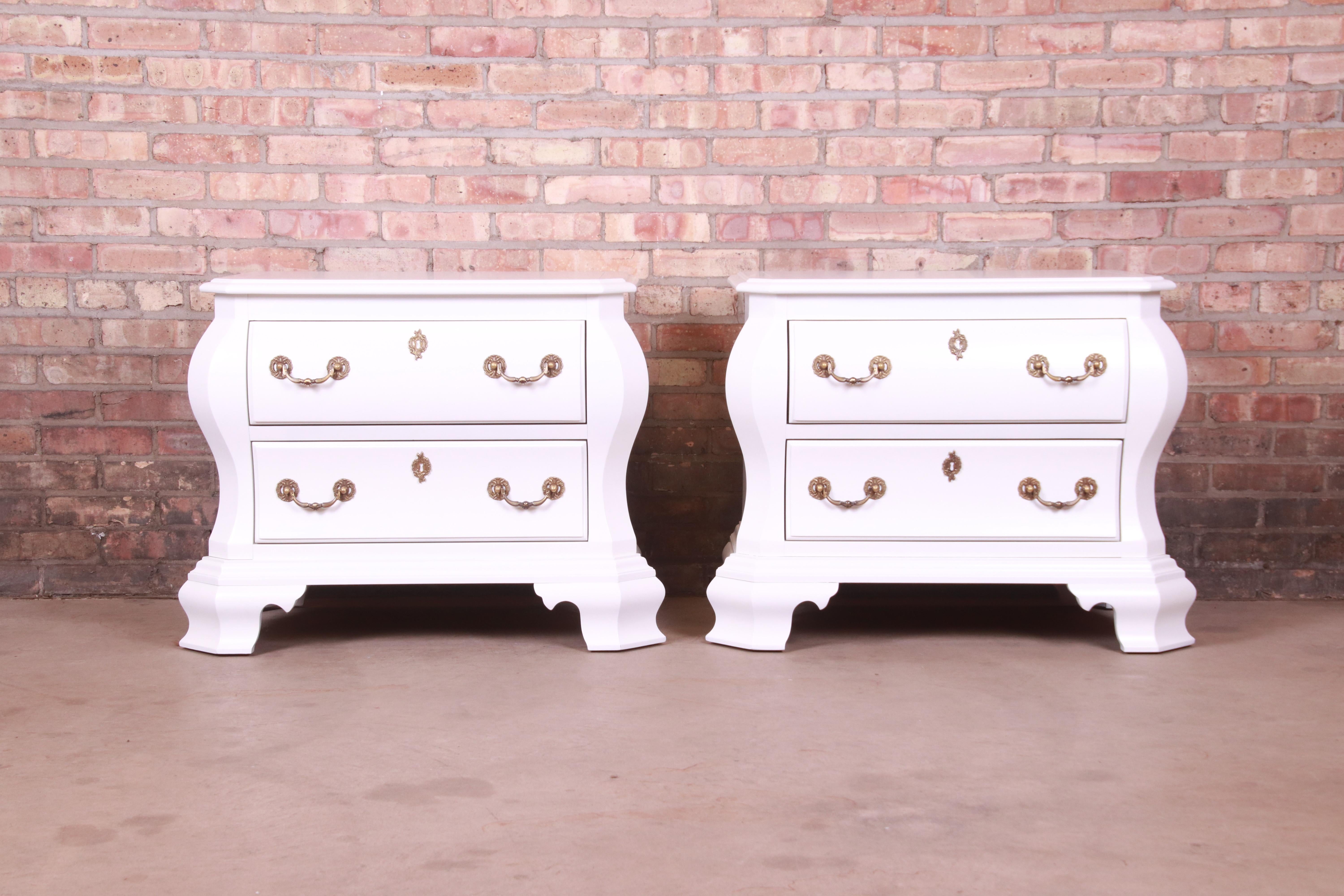 French Provincial Century Furniture White Lacquered Bombe Form Bedside Chests, Newly Refinished For Sale