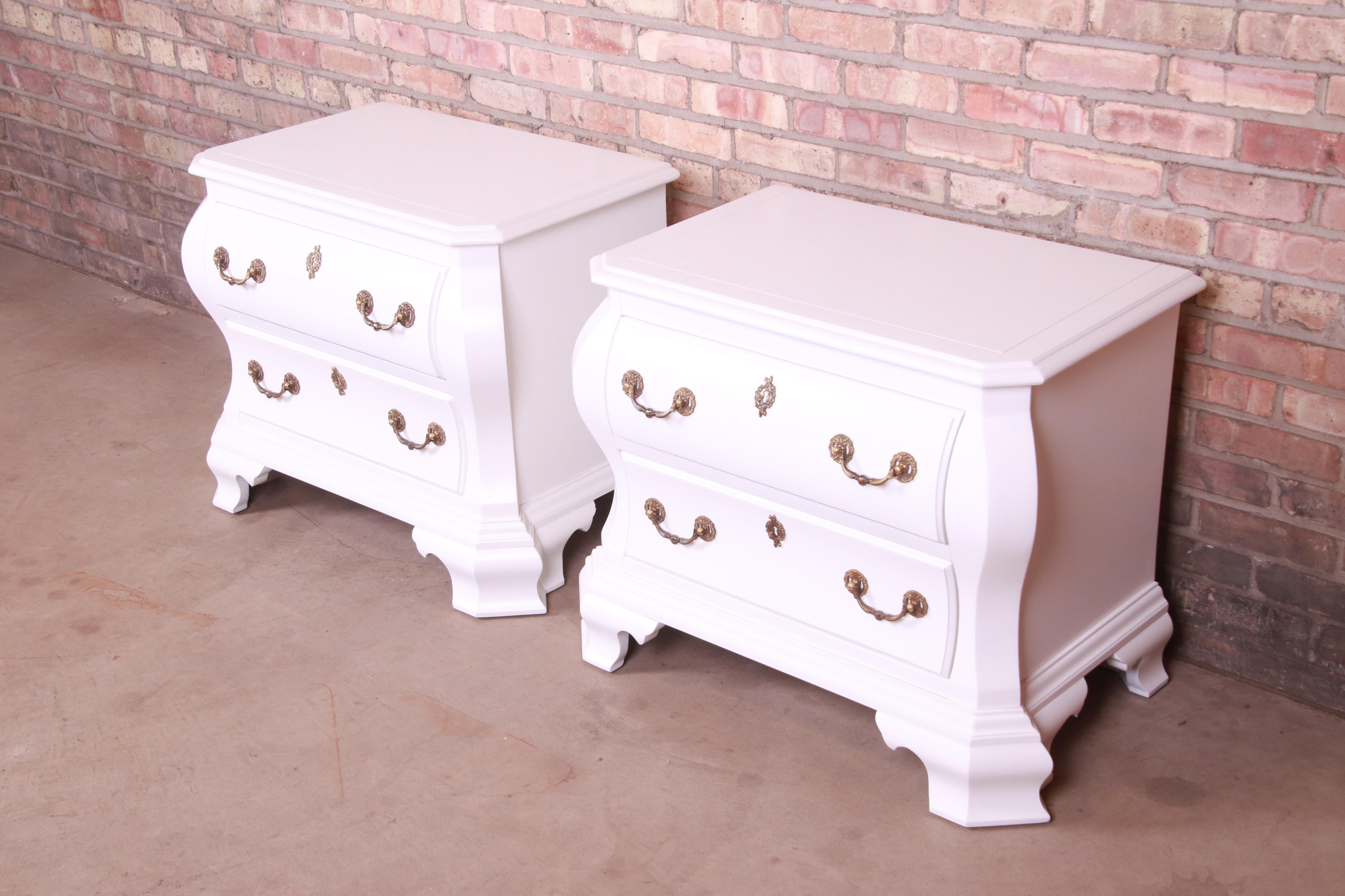 American Century Furniture White Lacquered Bombe Form Bedside Chests, Newly Refinished For Sale