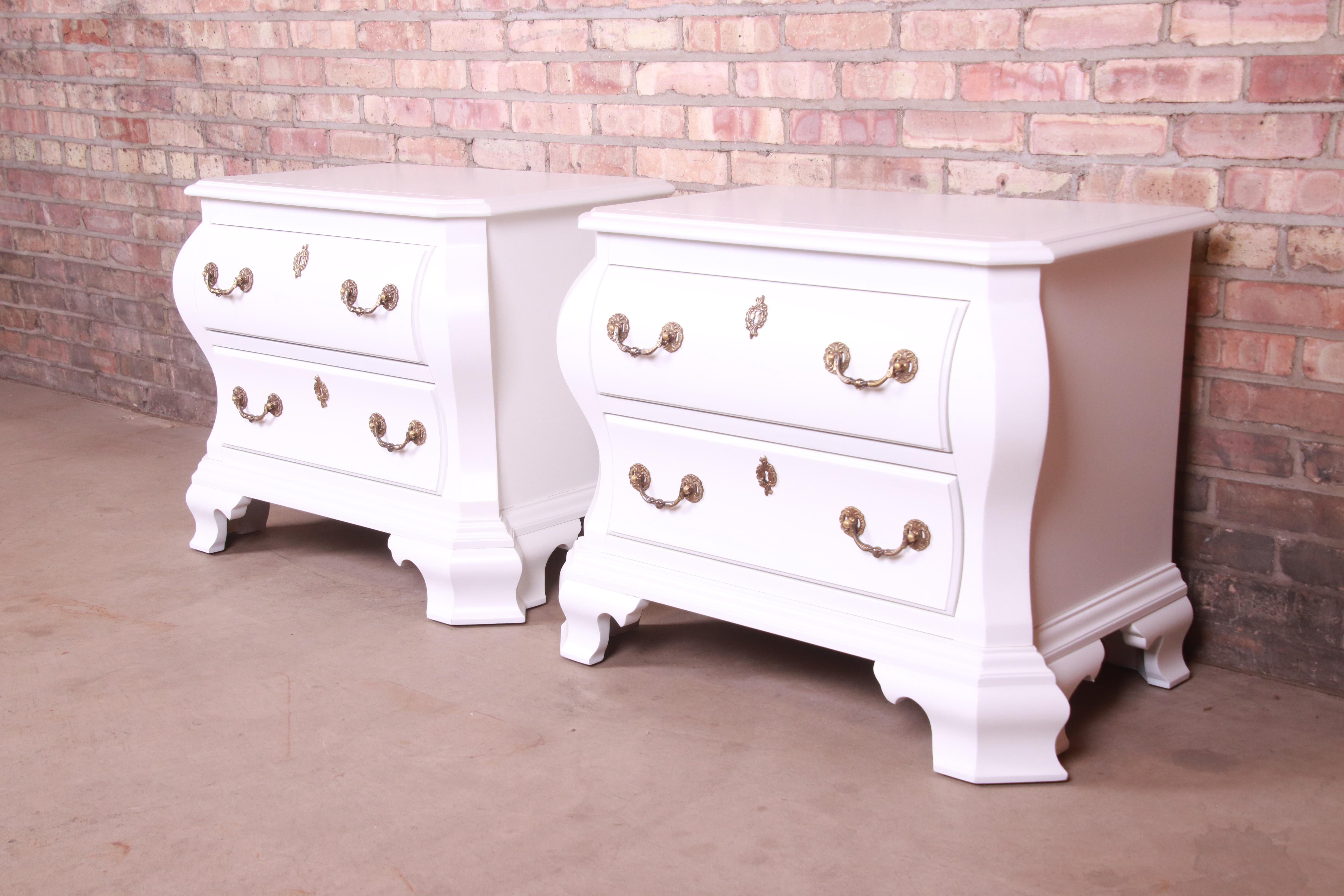 Century Furniture White Lacquered Bombe Form Bedside Chests, Newly Refinished In Good Condition For Sale In South Bend, IN