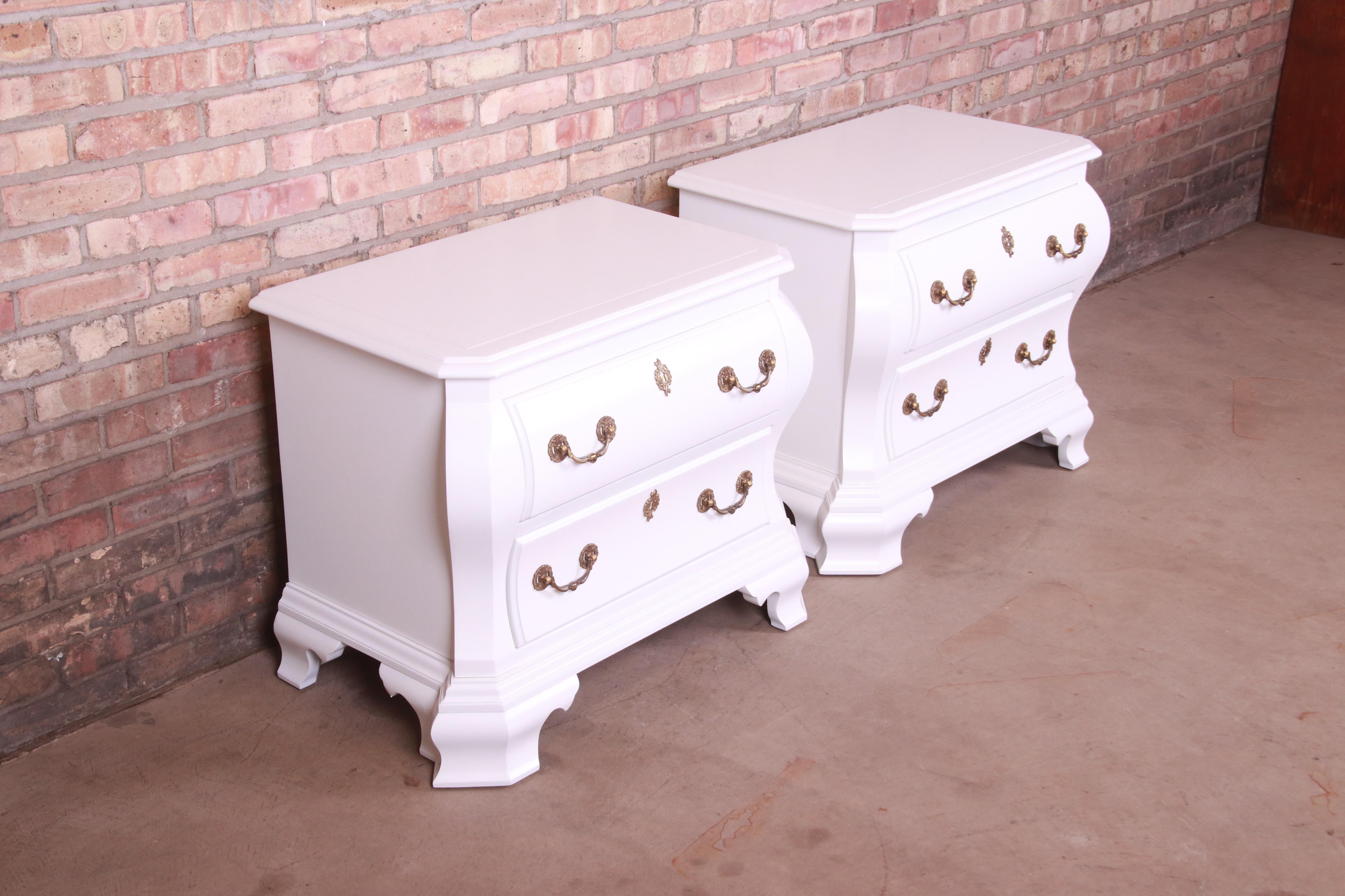 20th Century Century Furniture White Lacquered Bombe Form Bedside Chests, Newly Refinished For Sale