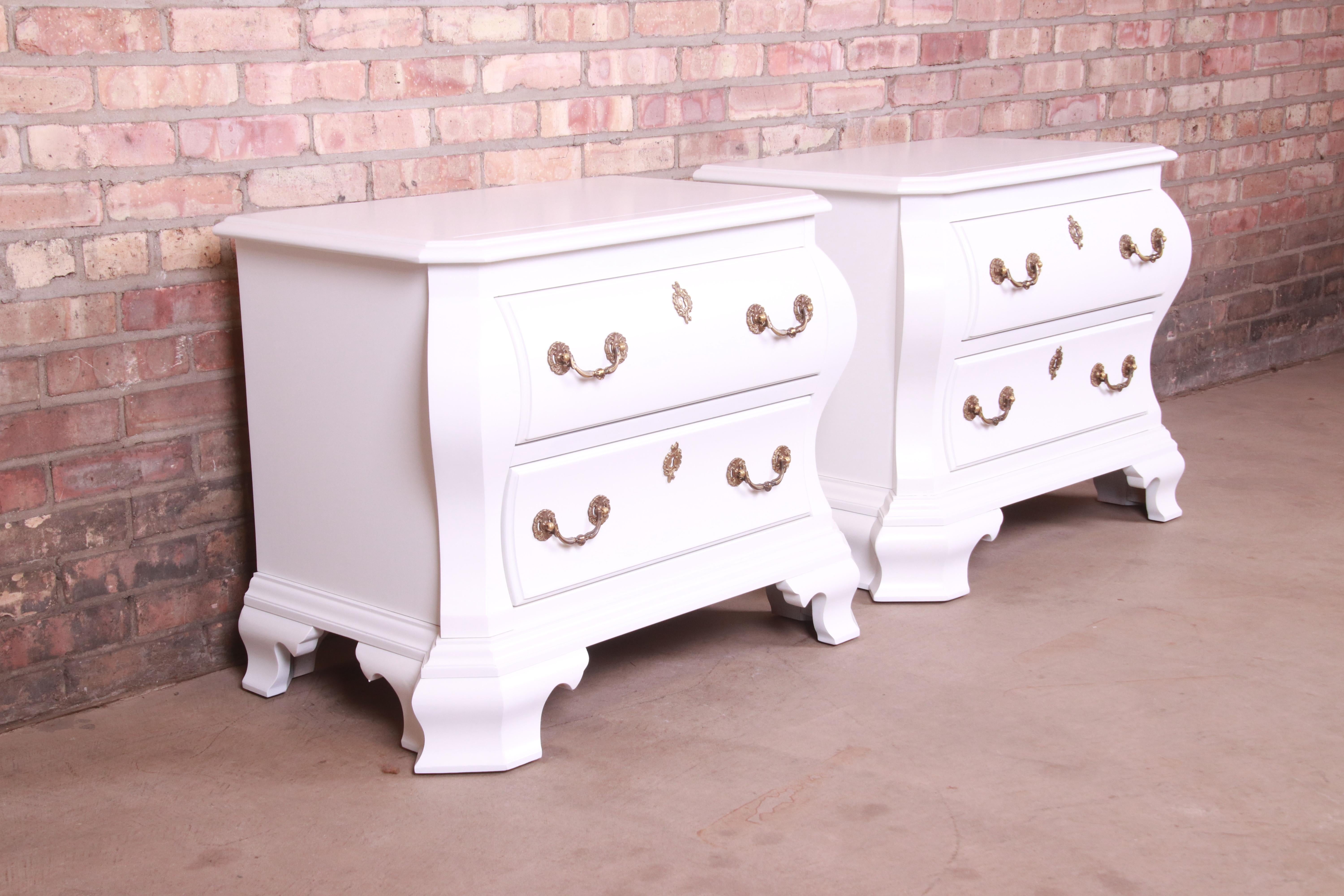 Brass Century Furniture White Lacquered Bombe Form Bedside Chests, Newly Refinished For Sale