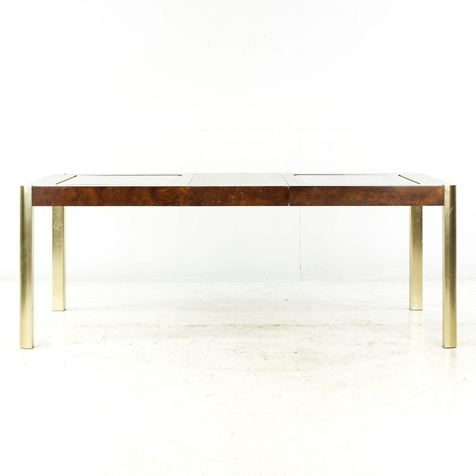 Late 20th Century Century Mid Century Burlwood Brass and Glass Dining Table For Sale
