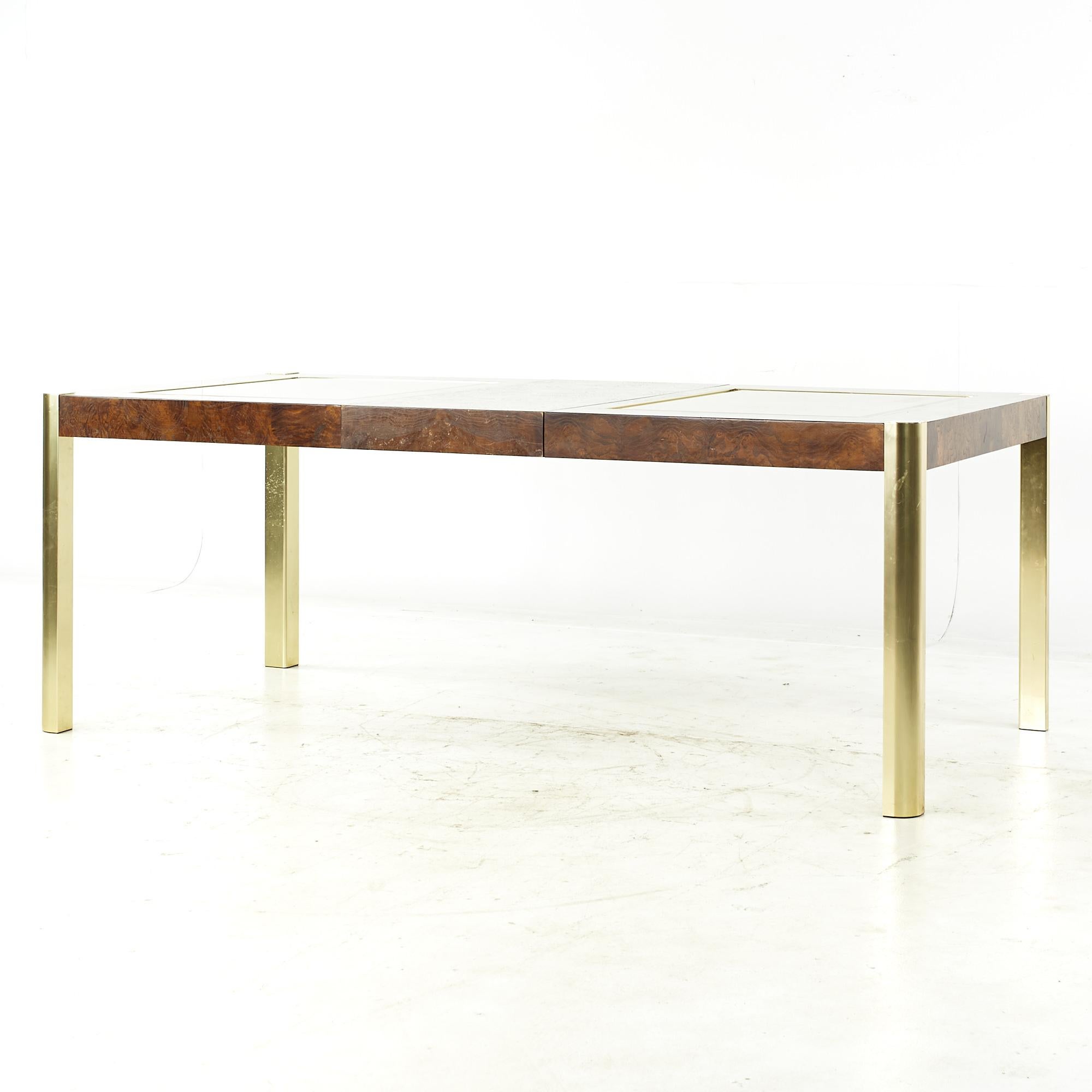 Late 20th Century Century Mid Century Burlwood Brass and Glass Dining Table For Sale