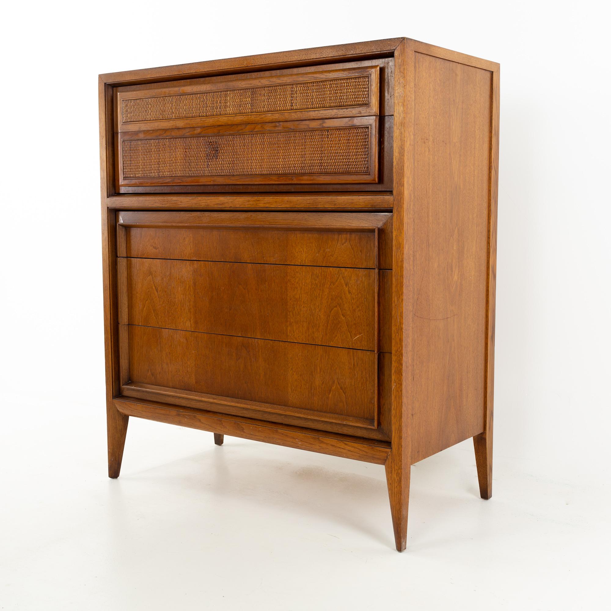 Century mid century walnut and cane 5 drawer highboy dresser
This dresser is 38 wide x 19 deep x 44.5 inches high

All pieces of furniture can be had in what we call restored vintage condition. That means the piece is restored upon purchase so