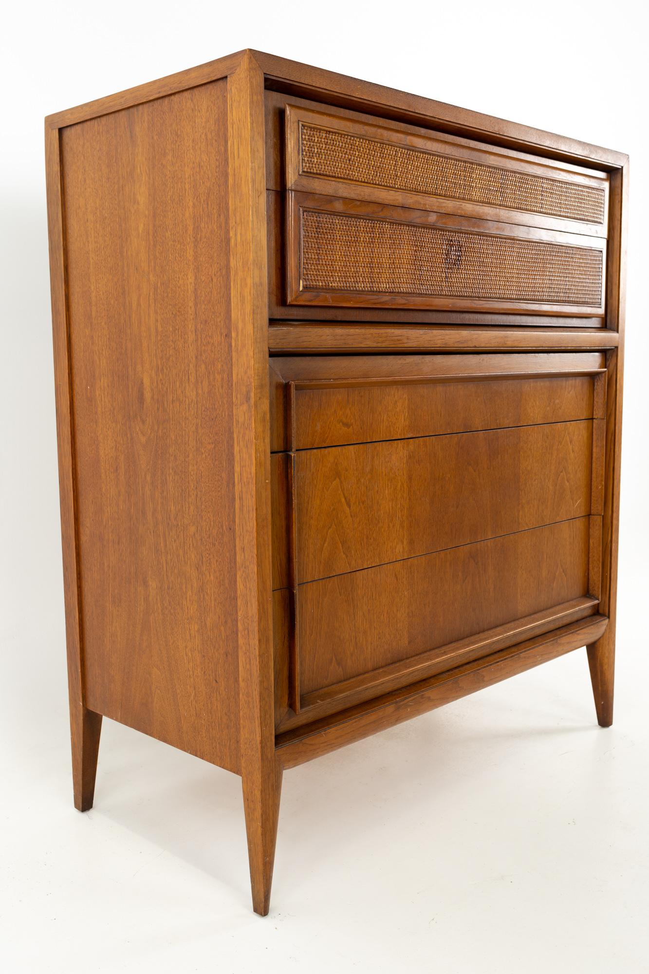 American Century Mid Century Walnut and Cane 5 Drawer Highboy Dresser