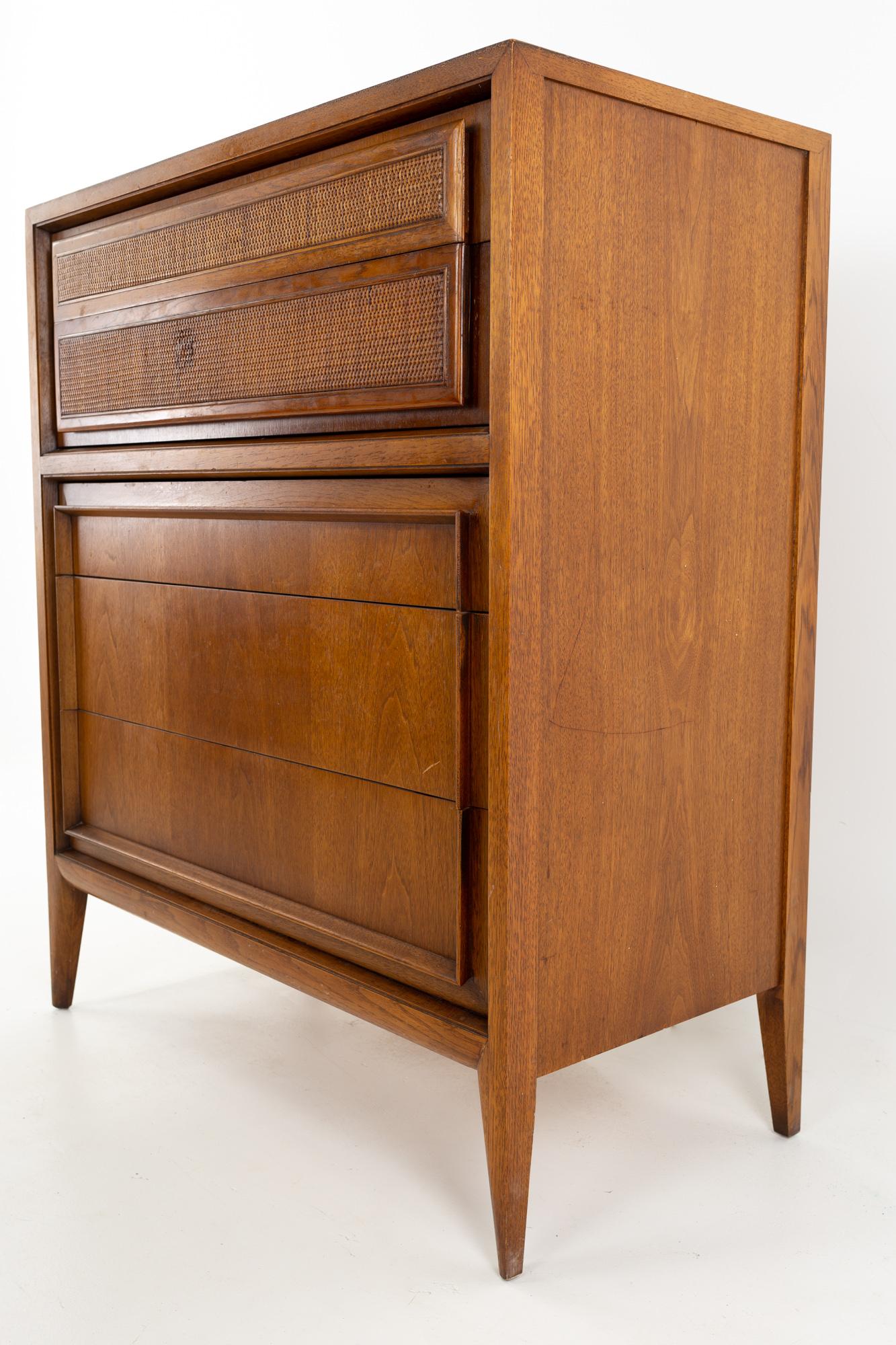 Century Mid Century Walnut and Cane 5 Drawer Highboy Dresser In Good Condition In Countryside, IL