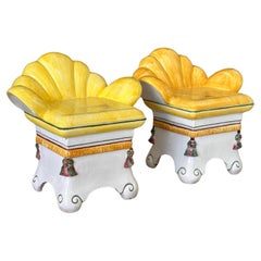 Regency Neoclassical Shell Back Style Italian Majolica Garden Seats-Pair