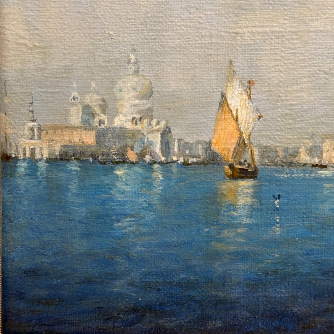 Jahrhundert, venezianische Seelandschaft mit Segelbooten und Campanile von St. Mark, 19. (Geölt) im Angebot
