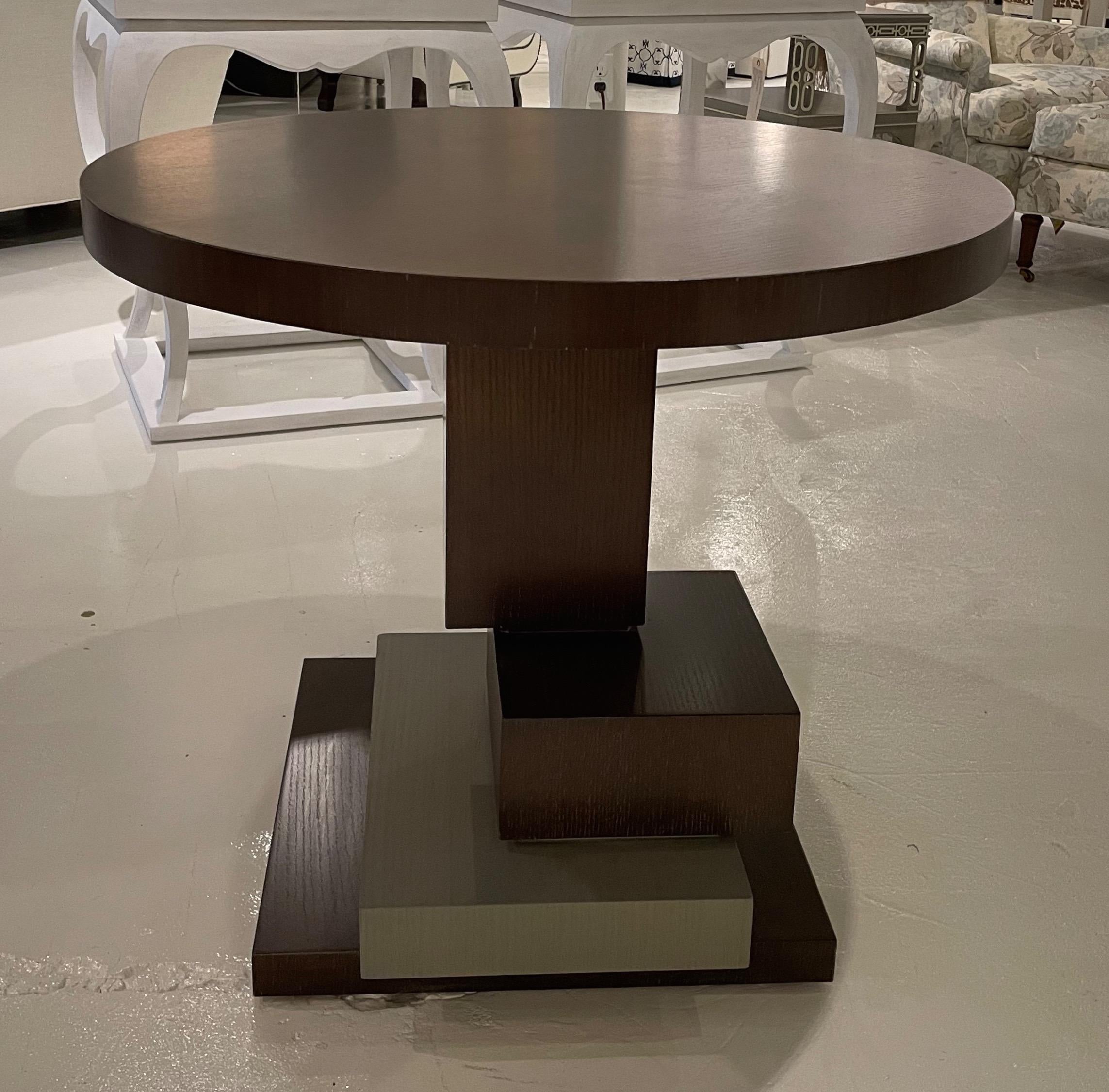 Showroom new - century's vienna echo chairside table - cerused coffee Finish with a gray wash contrasting finish on the base. A sculptural stacked base and a generously scaled top is ideal for the modern, transitional or fresh traditional space.