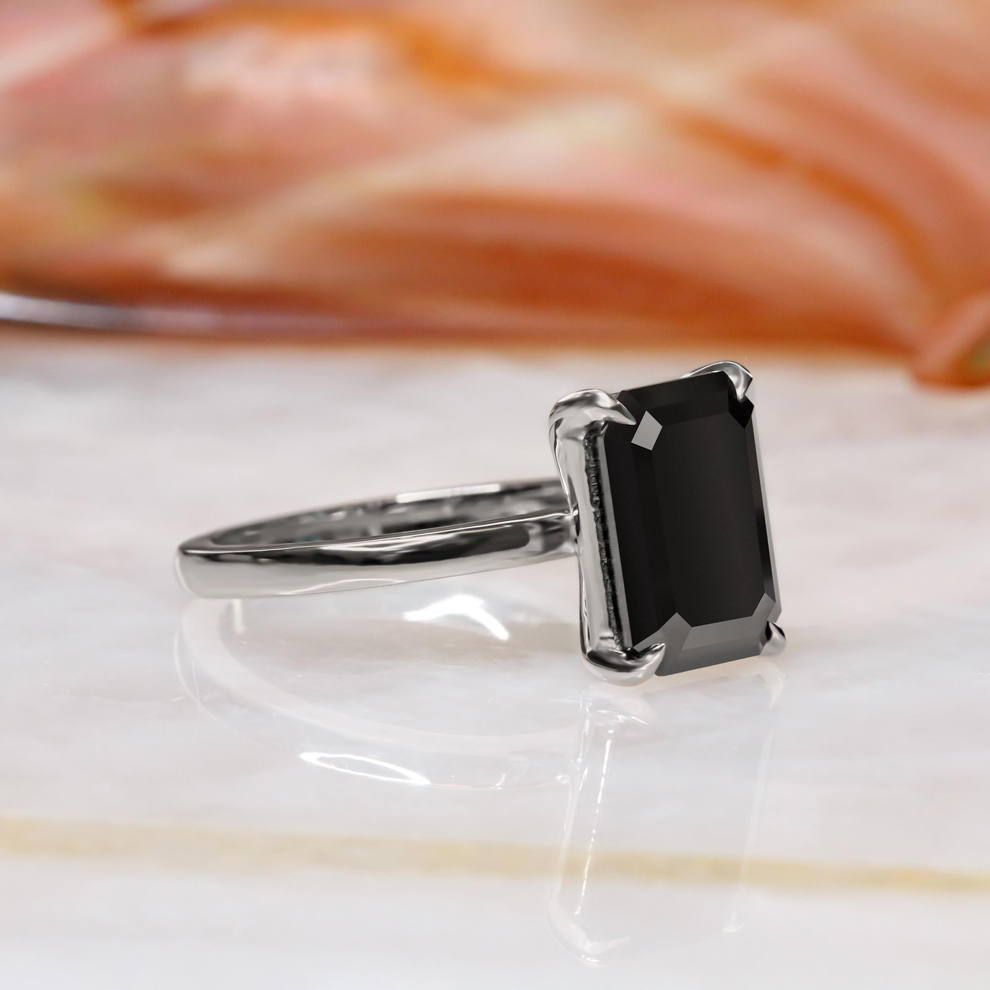 Art Deco Cepheus Solitaire Natural Black Diamond Emerald Cut Engagement Ring - 2.52 Ct For Sale