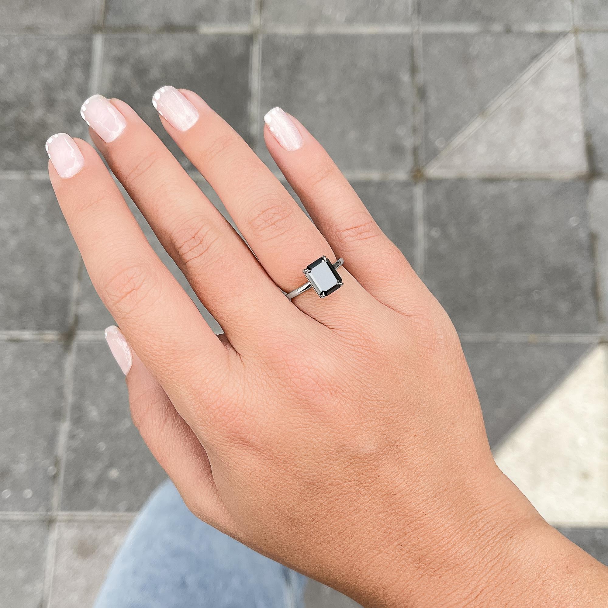 Cepheus Solitaire Natural Black Diamond Emerald Cut Engagement Ring - 2.52 Ct For Sale 1