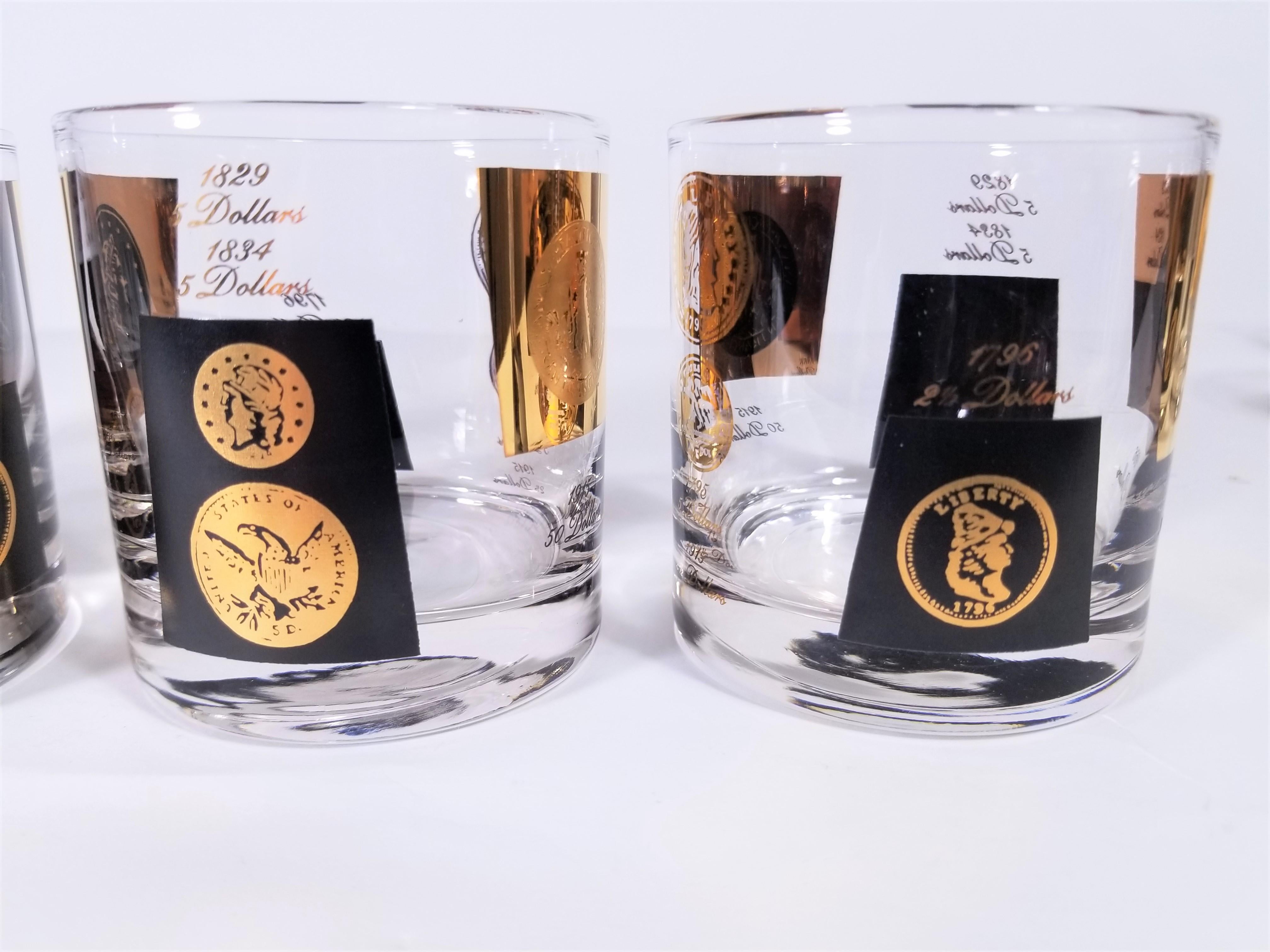 Cera 1960s Midcentury Barware Glasses Gold Coin and Black Set of 8 4