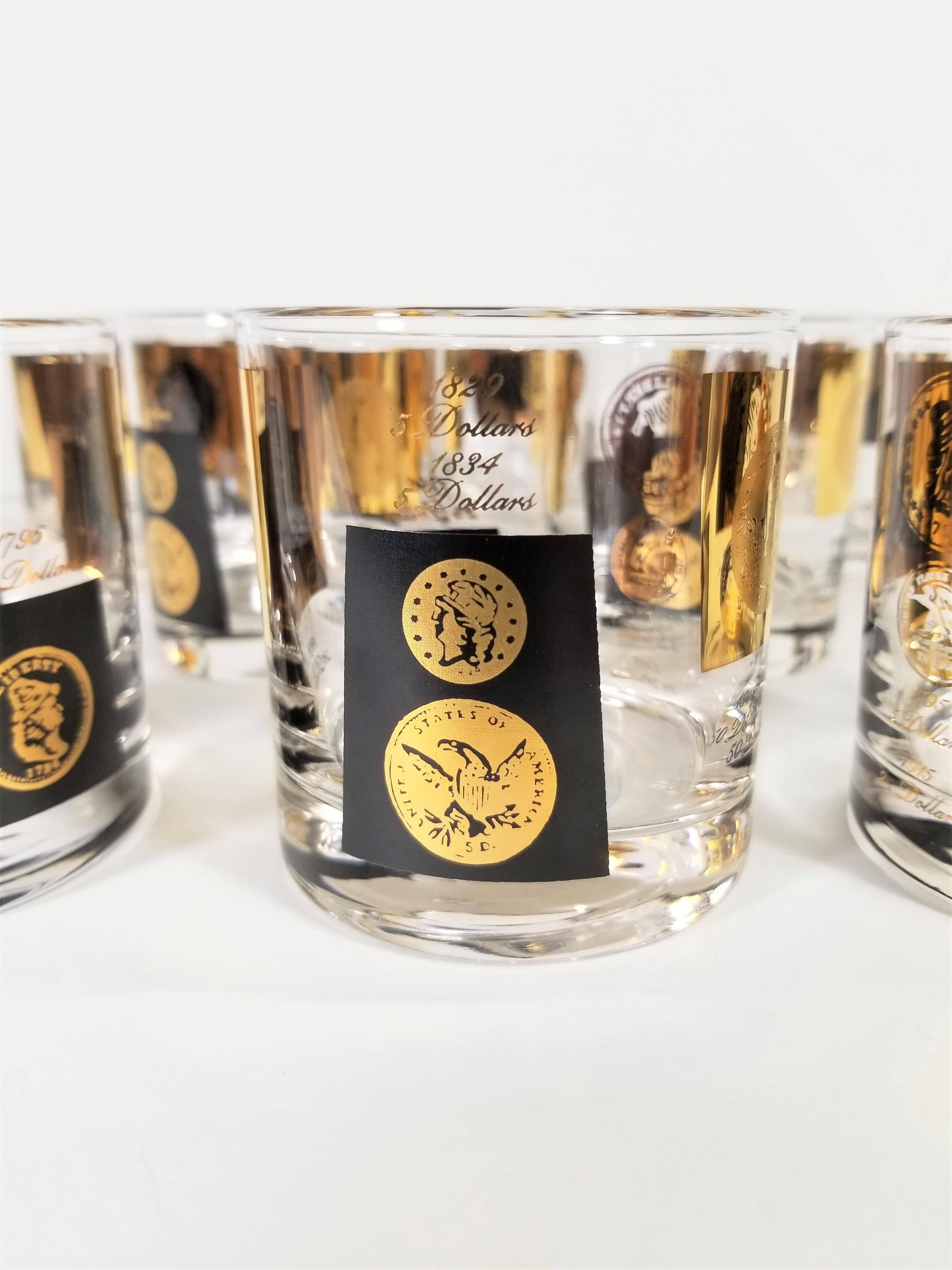 Cera 1960s Midcentury Barware Glasses Gold Coin and Black Set of 8 6