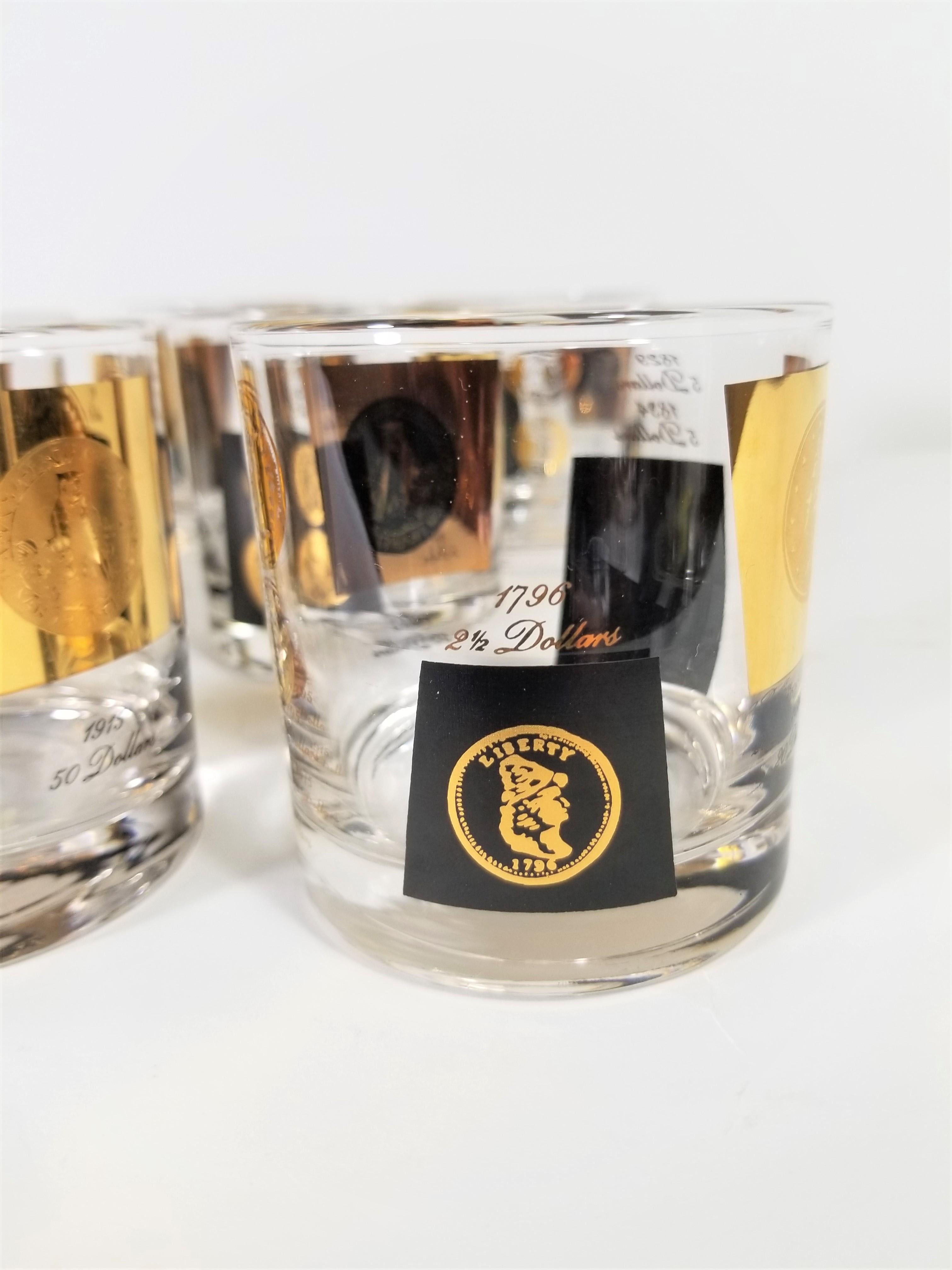 Cera 1960s Midcentury Barware Glasses Gold Coin and Black Set of 8 7