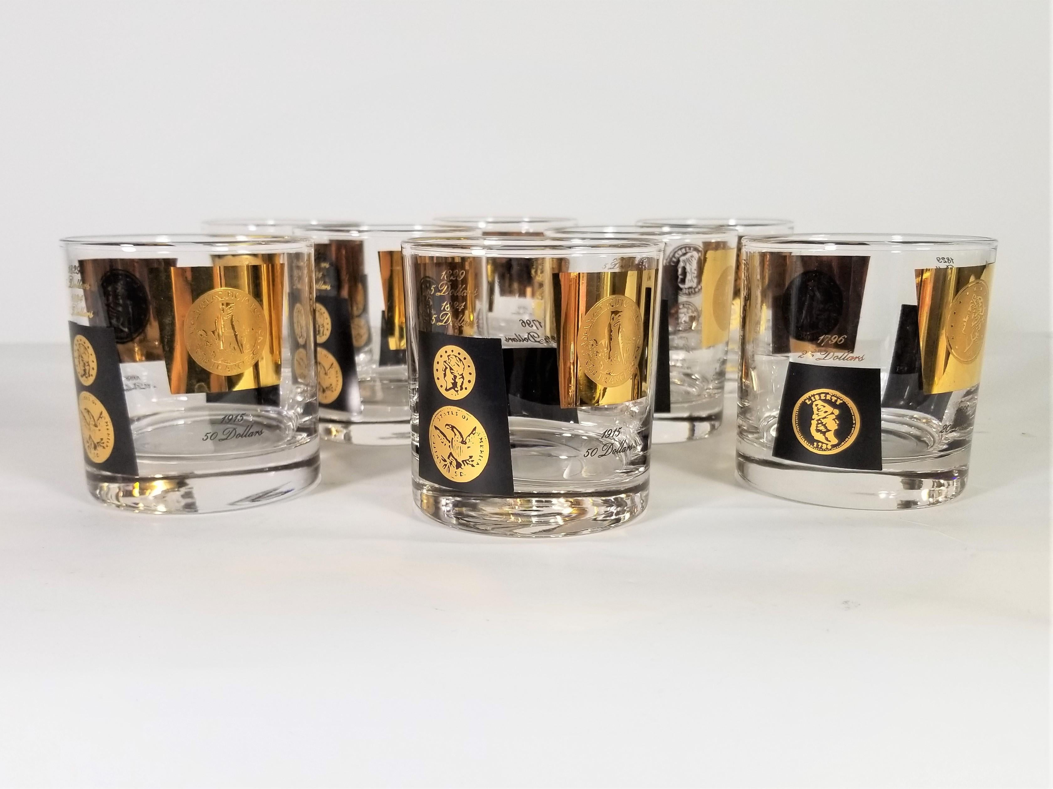 Mid-Century Modern Cera 1960s Midcentury Barware Glasses Gold Coin and Black Set of 8