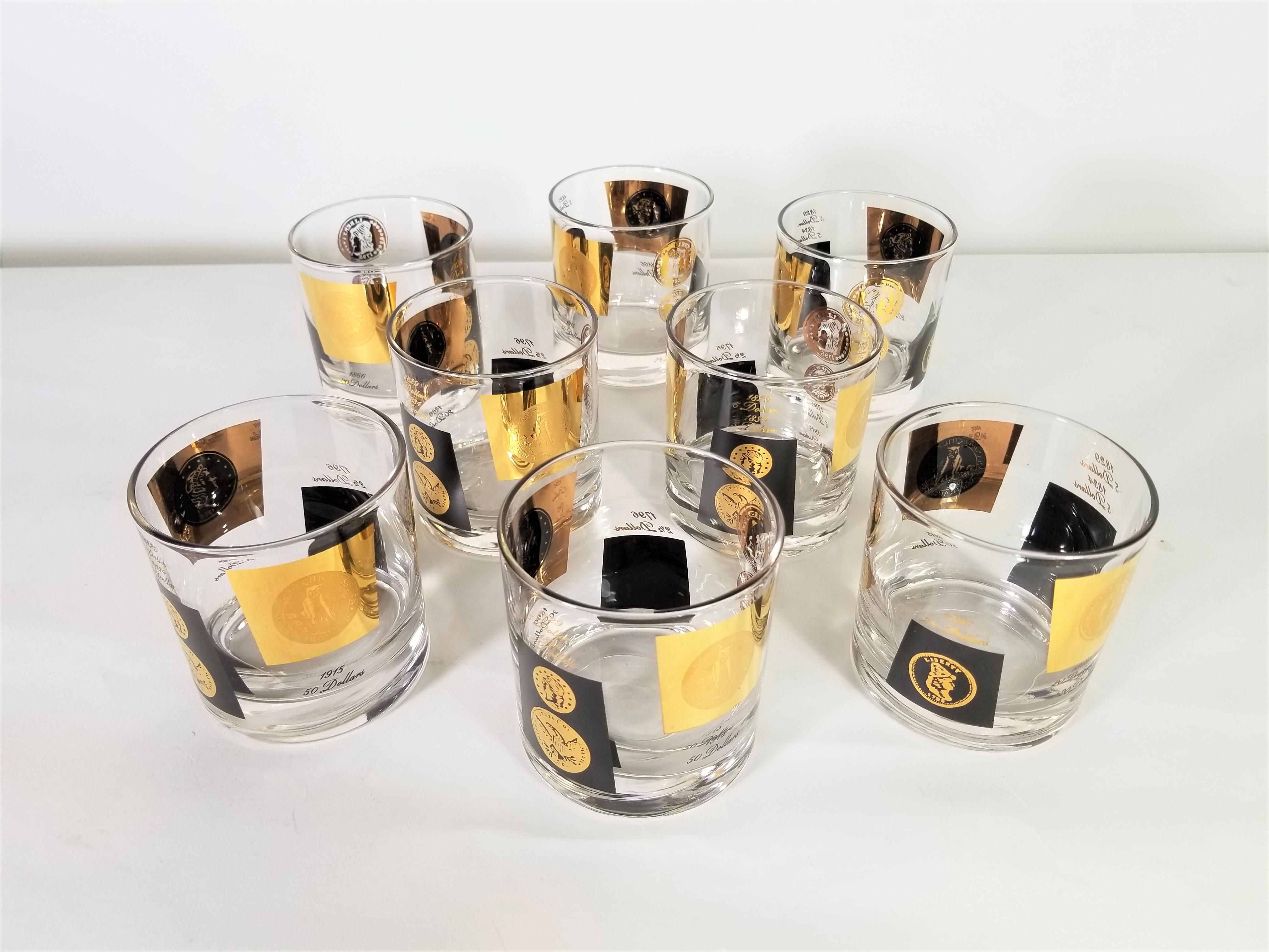 Italian Cera 1960s Midcentury Barware Glasses Gold Coin and Black Set of 8