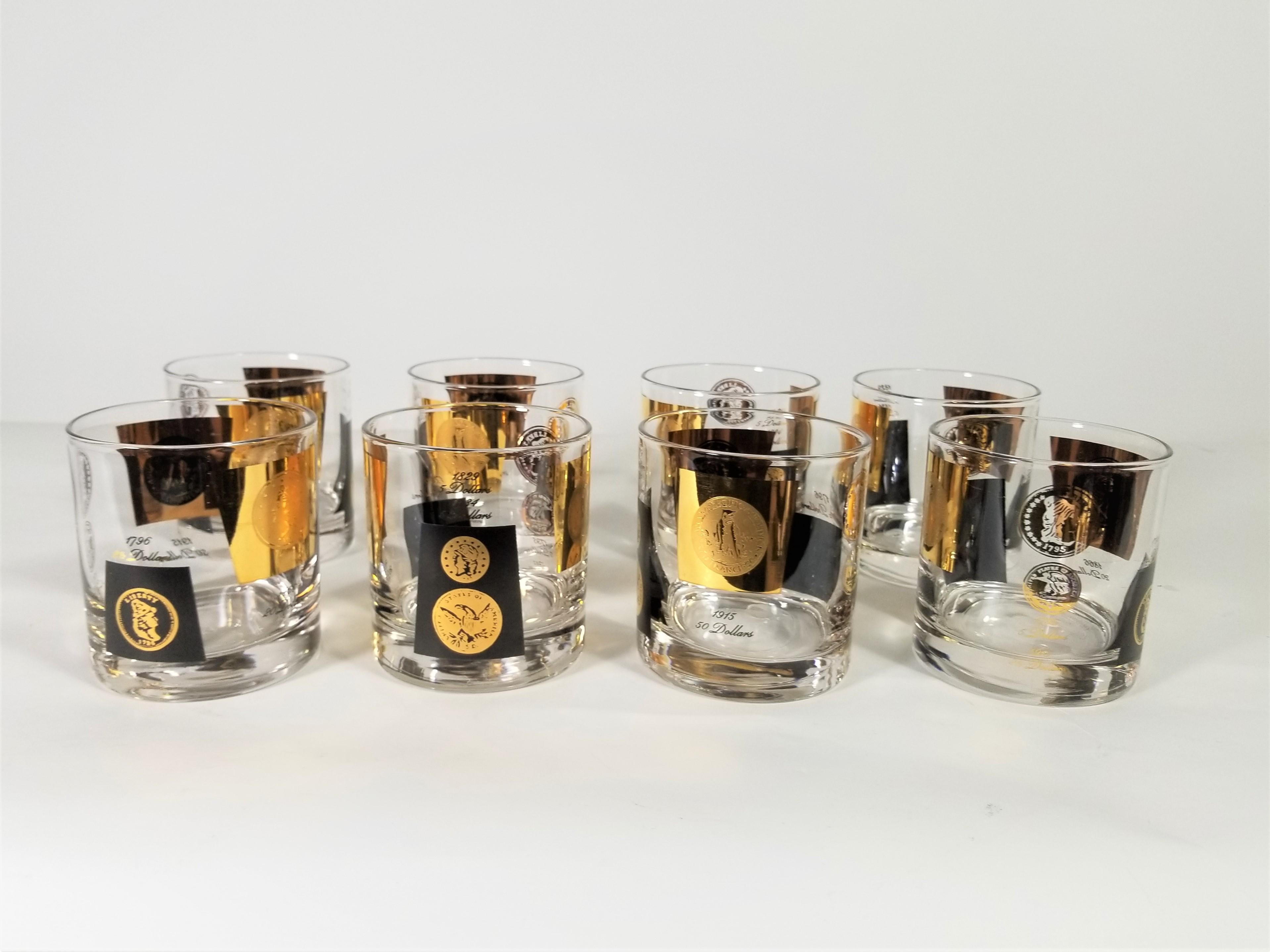 Cera 1960s Midcentury Barware Glasses Gold Coin and Black Set of 8 In Excellent Condition In New York, NY