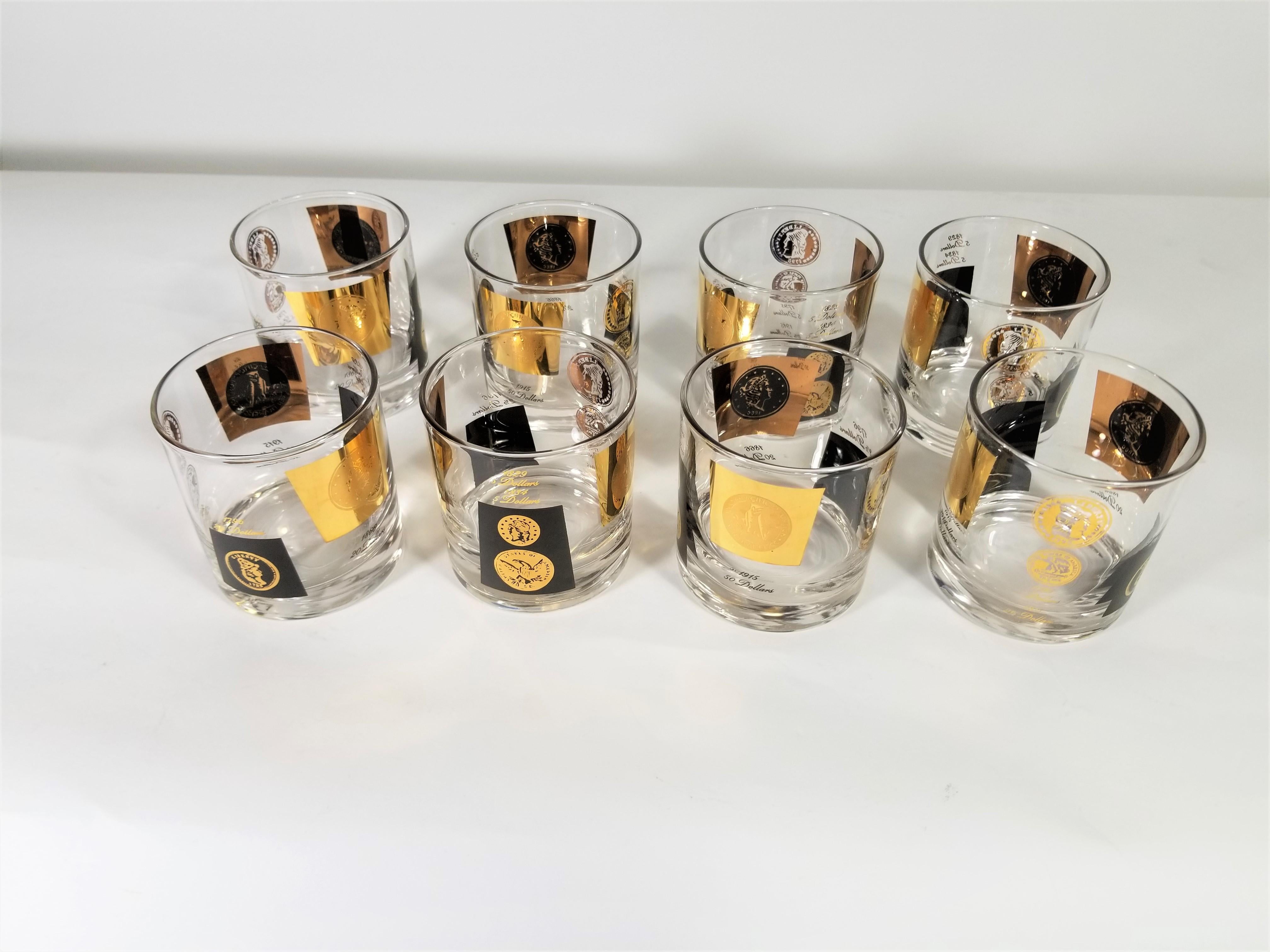 20th Century Cera 1960s Midcentury Barware Glasses Gold Coin and Black Set of 8