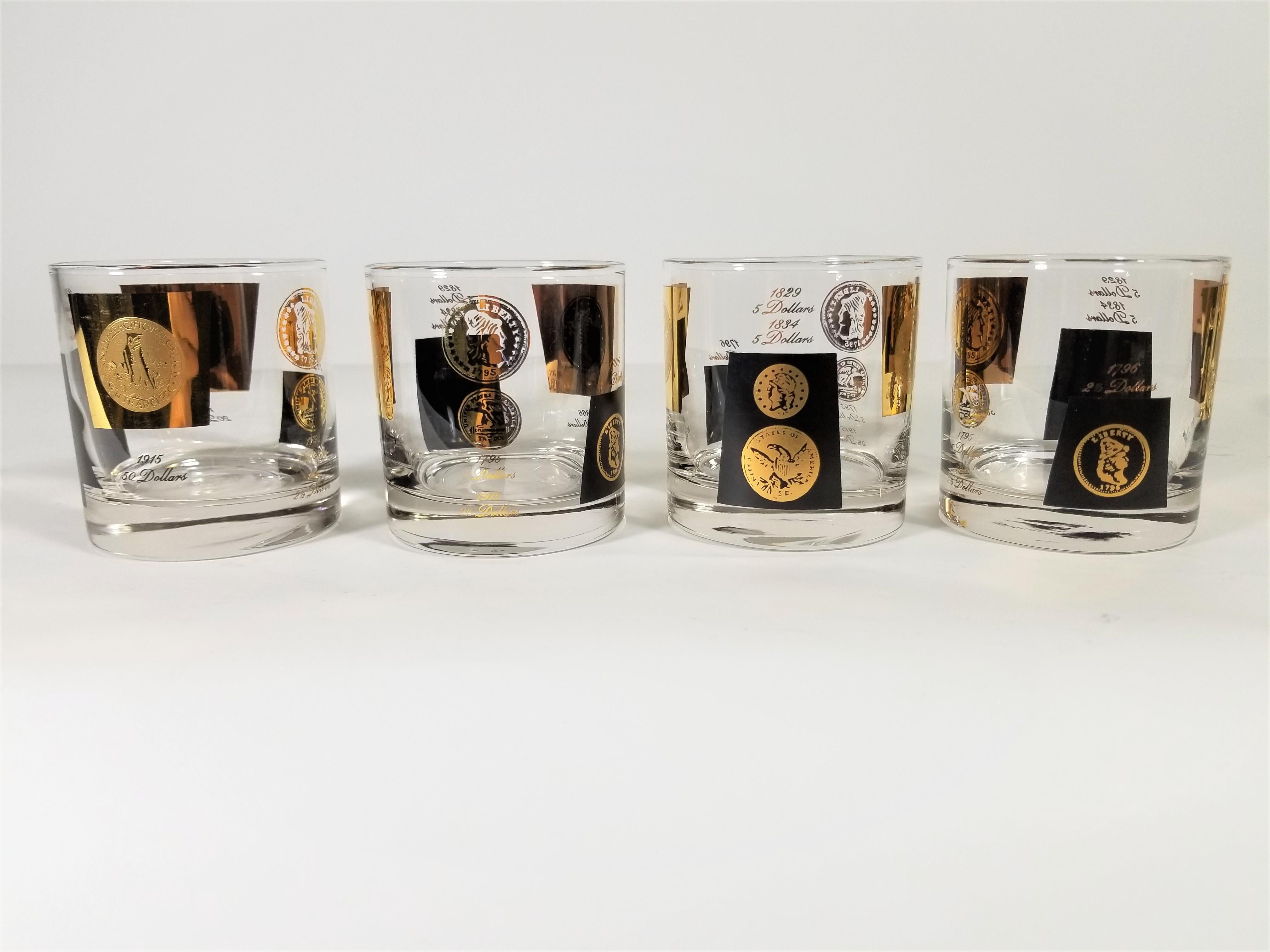 Cera 1960s Midcentury Barware Glasses Gold Coin and Black Set of 8 1