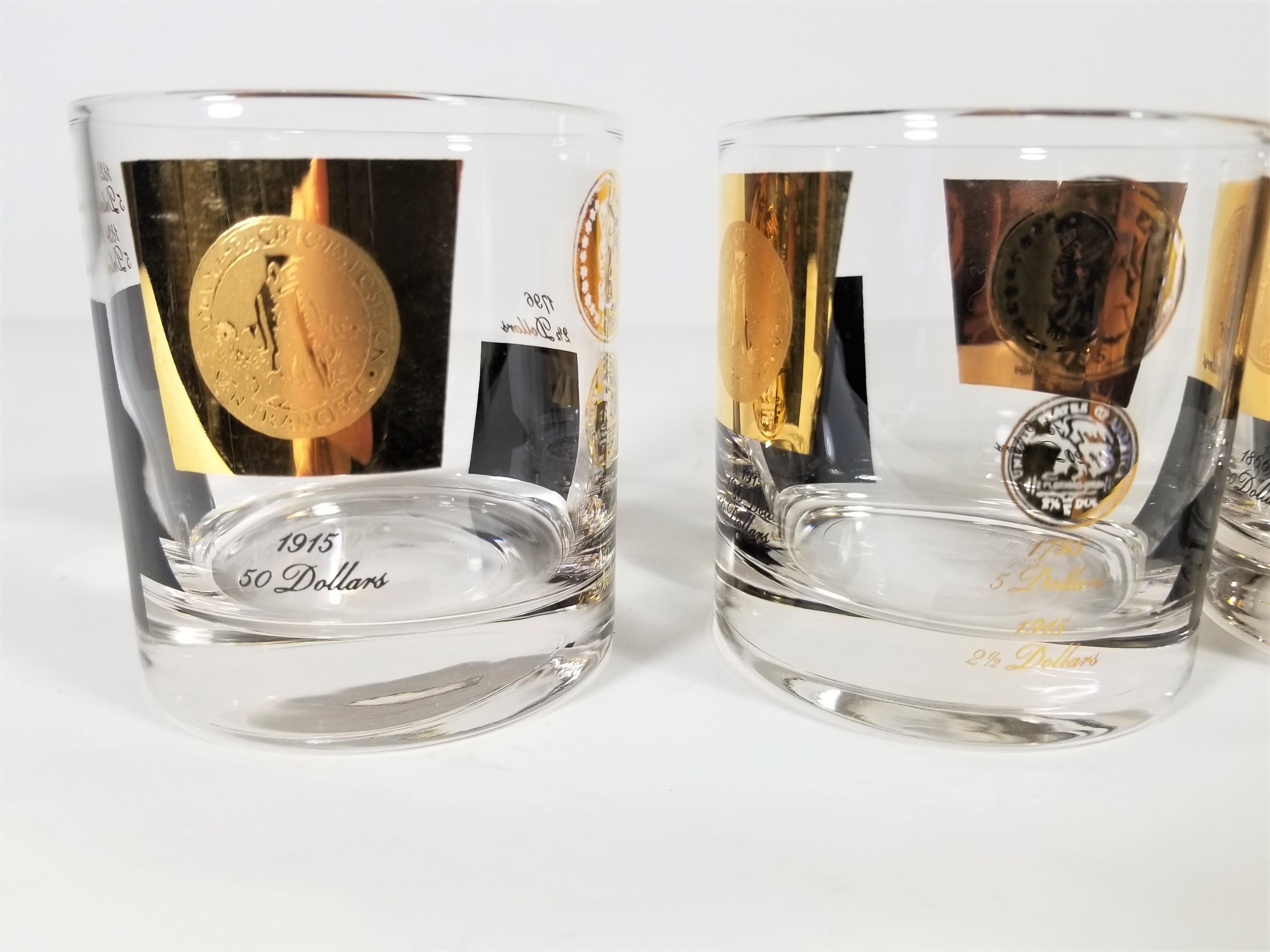 Cera 1960s Midcentury Barware Glasses Gold Coin and Black Set of 8 2