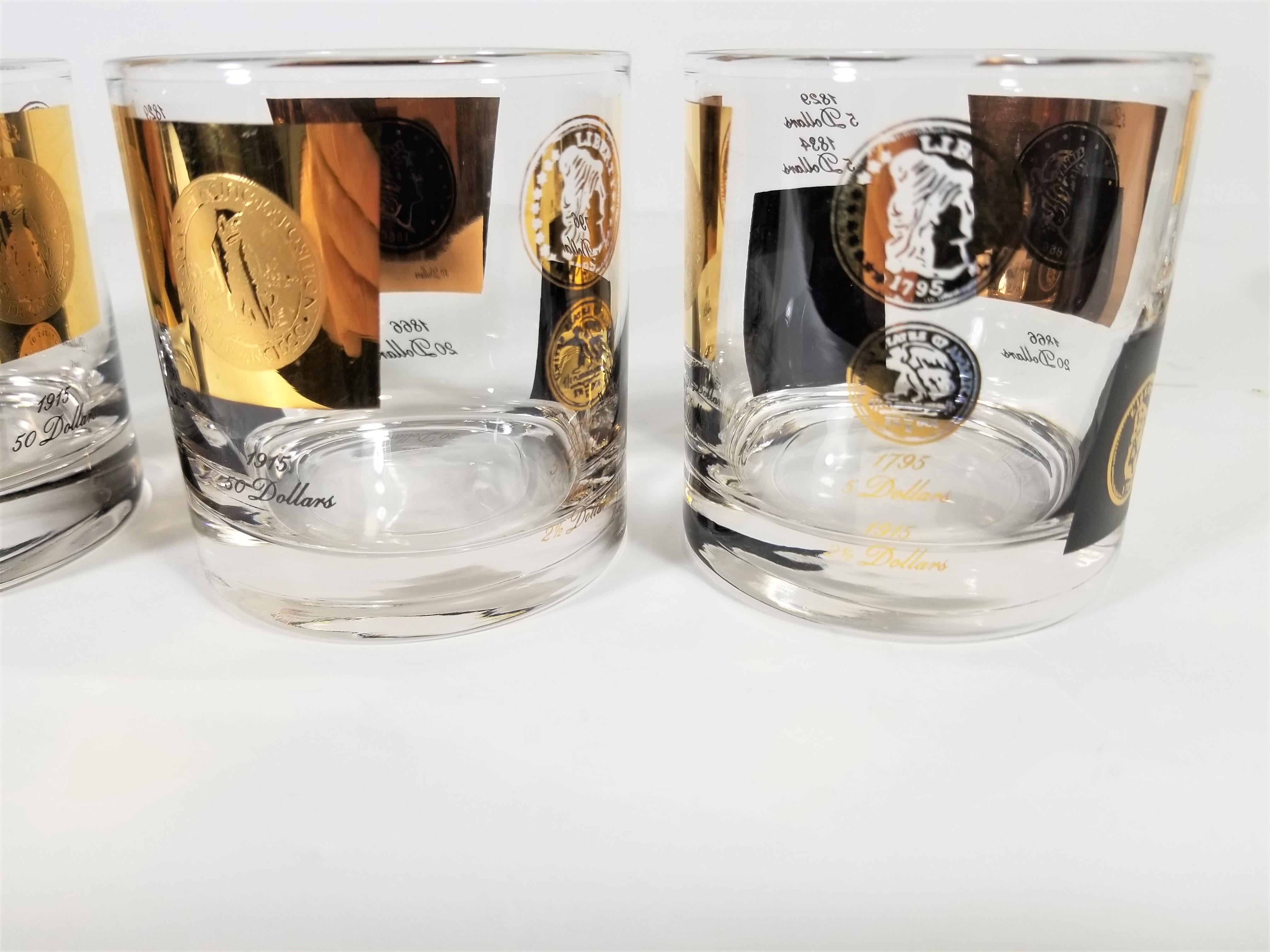 Cera 1960s Midcentury Barware Glasses Gold Coin and Black Set of 8 3
