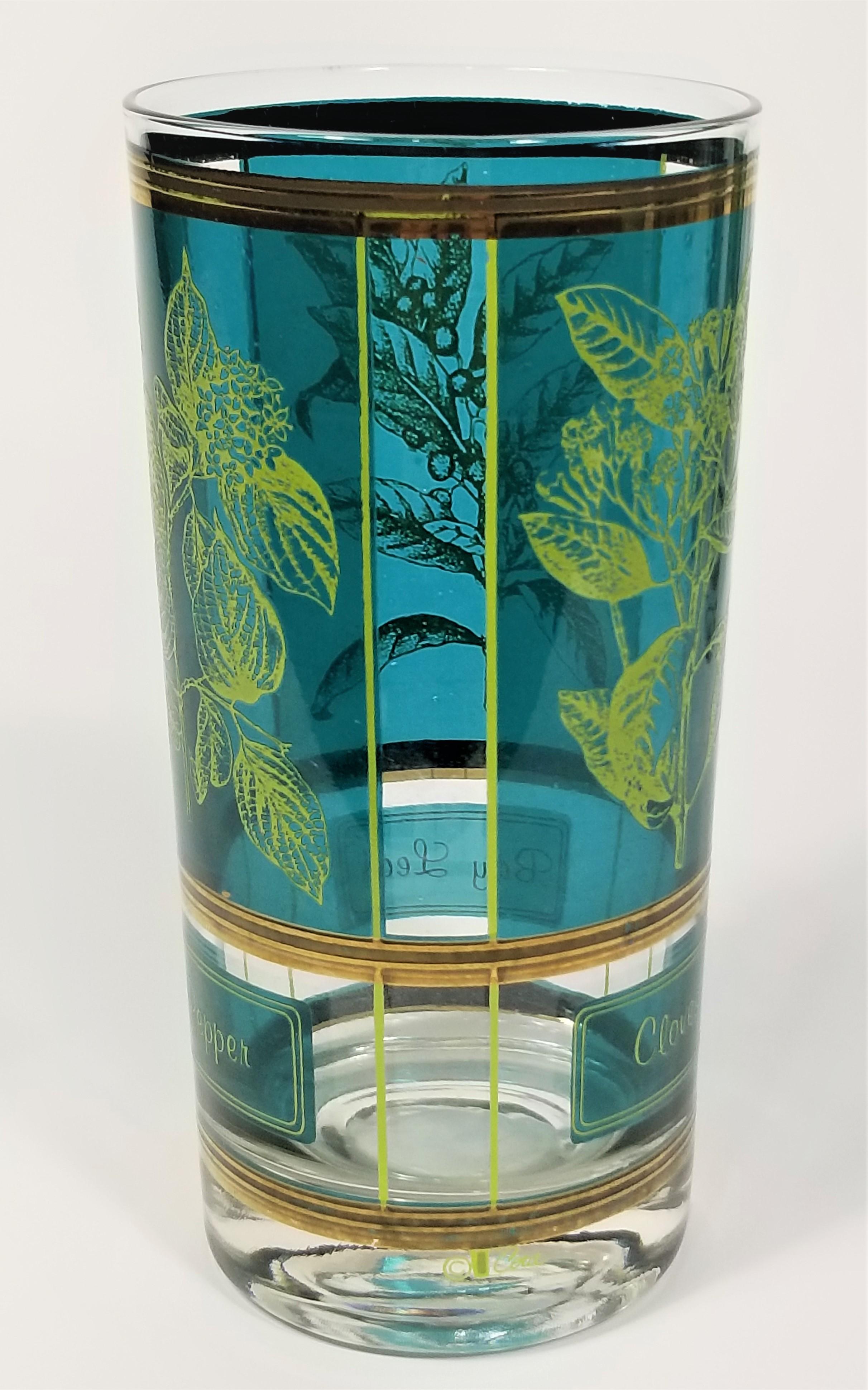 Cera 1960s Mid-Century Glassware Barware 22K Gold Herb Motif Set of 8 For Sale 7