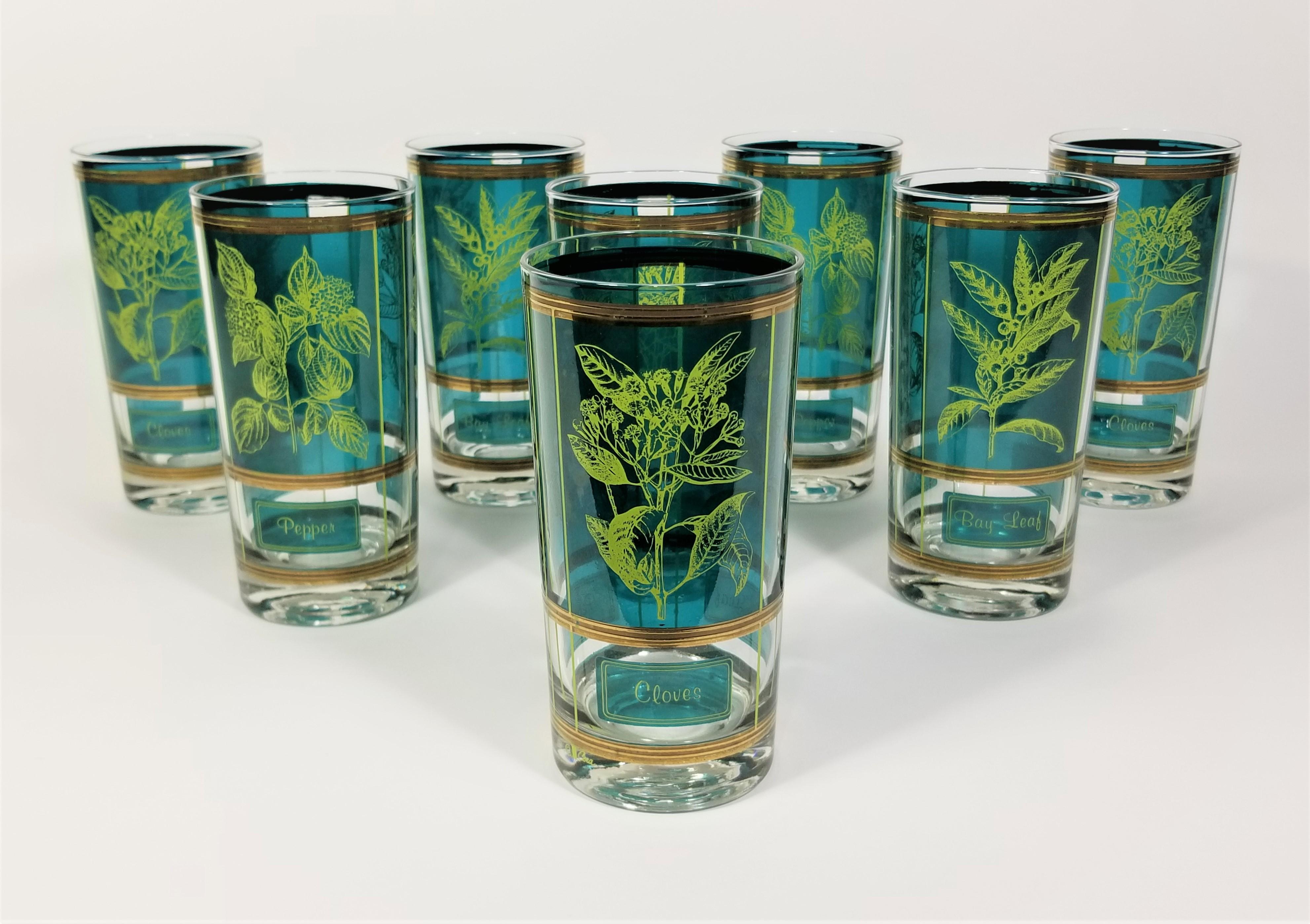 1960s Mid-century cera glassware barware. Herb Motif. 22K Gold. Set of 8. All glasses are signed and in Excellent condition.